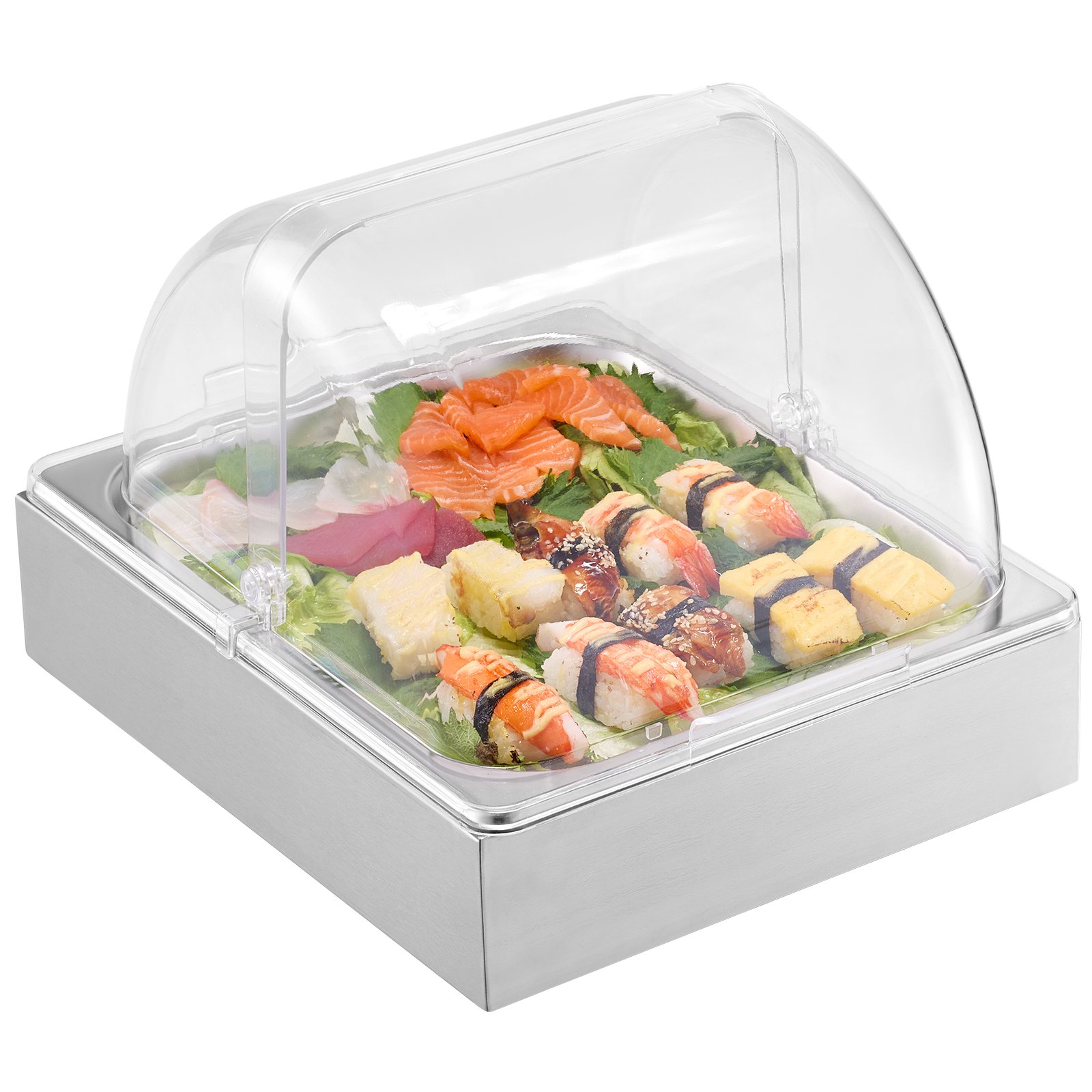 VEVOR Contenitore Espositivo per Servire Cibo da Banco, Vassoio per Servire Cibo in Acciaio Inox 1 x 1/2 Teglia, Espositore per Dispensatori di Condimenti a Buffet con Coperchio Trasparente per Festa