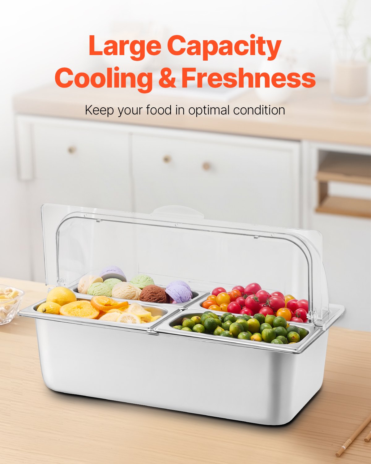 VEVOR Contenitore Espositivo per Servire Cibo da Banco, Vassoio per Servire Cibo in Acciaio Inox 4 Teglie, Espositore per Dispensatori di Condimenti a Buffet con 3 Contenitori per Congelatore