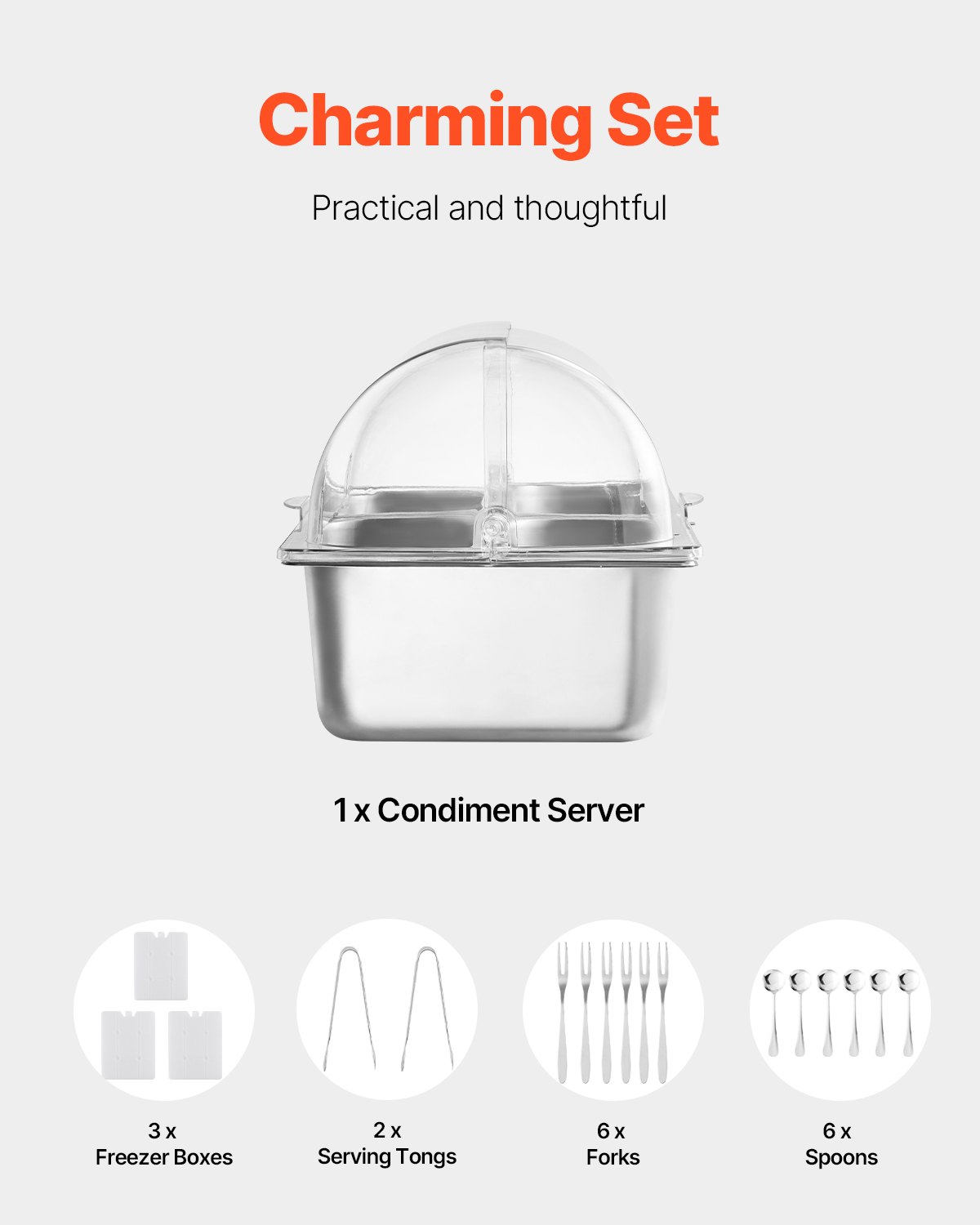 VEVOR Contenitore Espositivo per Servire Cibo da Banco, Vassoio per Servire Cibo in Acciaio Inox 4 Teglie, Espositore per Dispensatori di Condimenti a Buffet con 3 Contenitori per Congelatore