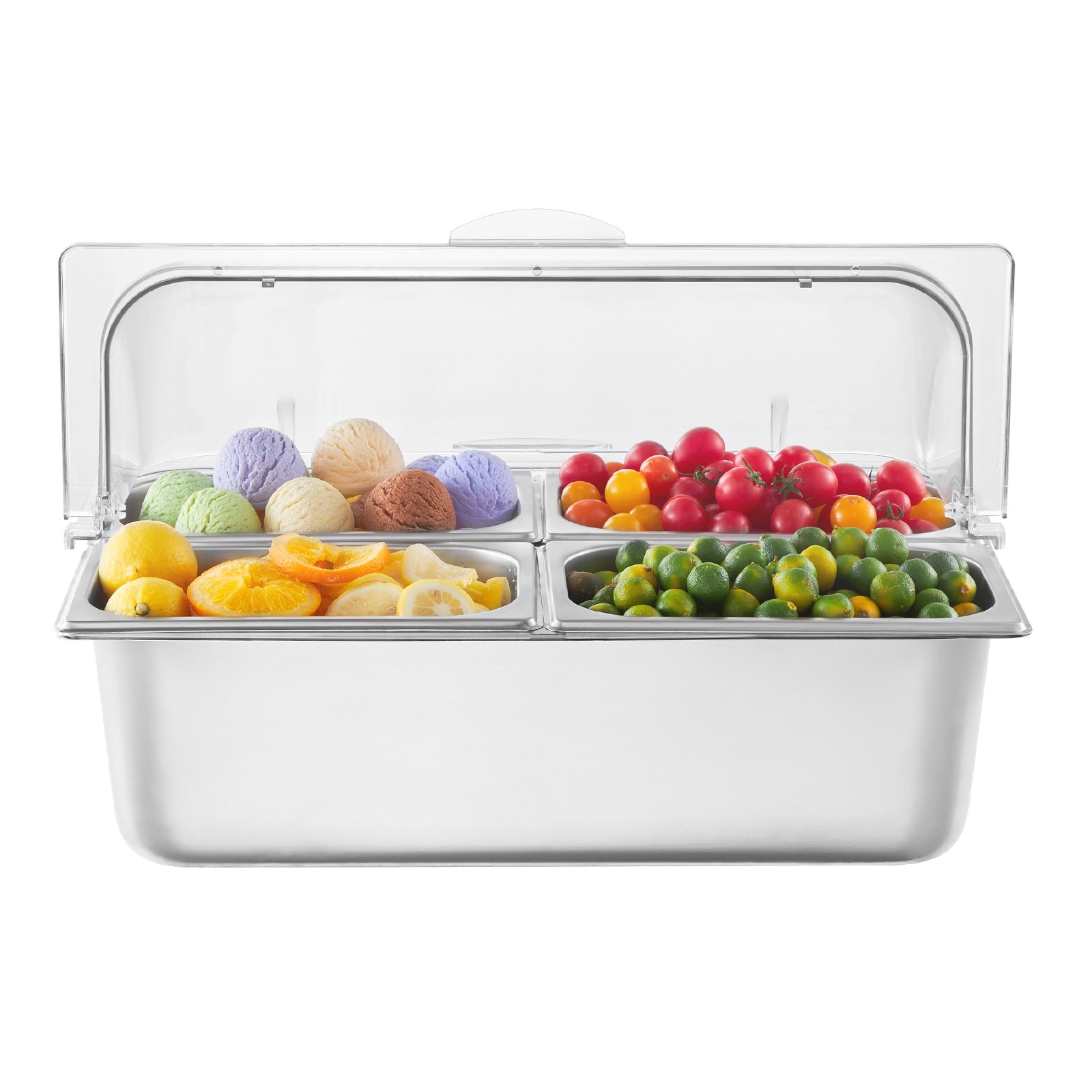 VEVOR Contenitore Espositivo per Servire Cibo da Banco, Vassoio per Servire Cibo in Acciaio Inox 4 Teglie, Espositore per Dispensatori di Condimenti a Buffet con 3 Contenitori per Congelatore