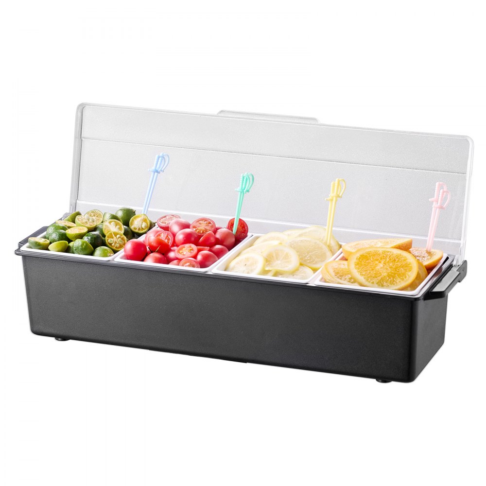 VEVOR Contenitore per Condimenti Refrigerato a 4 Scomparti, Contenitore per Condimenti Raffreddato a Ghiaccio, Vassoio per Guarnizioni Refrigerato con Coperchio, per Forniture per Casa e Ristorante