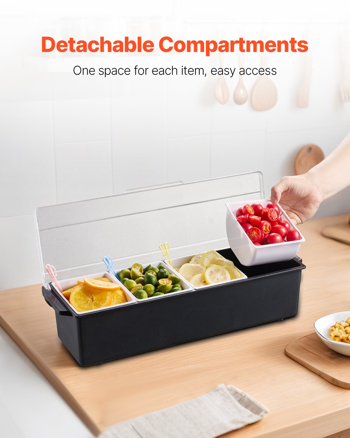 VEVOR Contenitore per Condimenti Refrigerato a 4 Scomparti, Contenitore per Condimenti Raffreddato a Ghiaccio, Vassoio per Guarnizioni Refrigerato con Coperchio, per Forniture per Casa e Ristorante