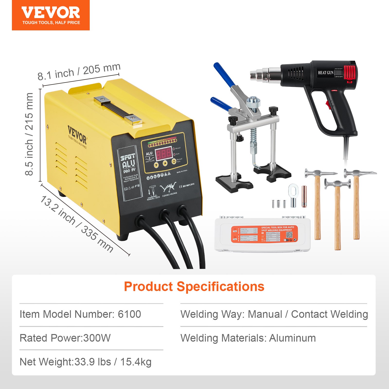 VEVOR Dent Puller, 300 W, Dent Repair Kit with Hot Air Gun, Dent Puller Automatic/Manual Welding Mode, Car Body Spot Welder for Repairing Aluminum Body Parts