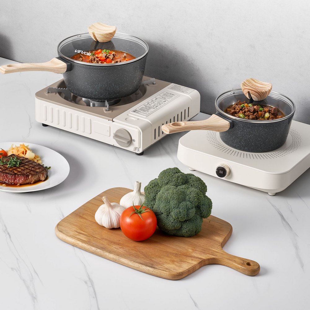 VEVOR Set di Pentole Antiaderenti con Coperchio in Vetro, 2 Pezzi 1,42 L e 2,37 L, Pentola per Zuppa con Manico Rimovibile, per Latte in Lega di Alluminio, Pentola per Verdure, Nero