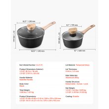 VEVOR Set di Pentole Antiaderenti con Coperchio in Vetro, 2 Pezzi 1,42 L e 2,37 L, Pentola per Zuppa con Manico Rimovibile, per Latte in Lega di Alluminio, Pentola per Verdure, Nero