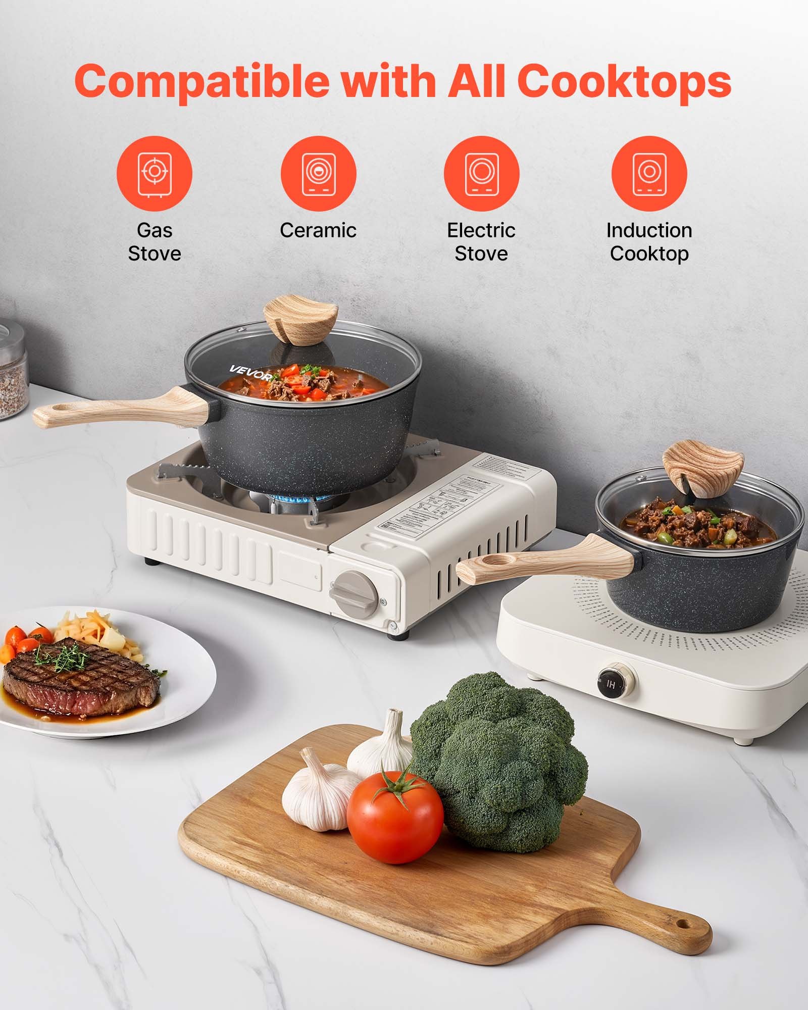 VEVOR Set di Pentole Antiaderenti con Coperchio in Vetro, 2 Pezzi 1,42 L e 2,37 L, Pentola per Zuppa con Manico Rimovibile, per Latte in Lega di Alluminio, Pentola per Verdure, Nero