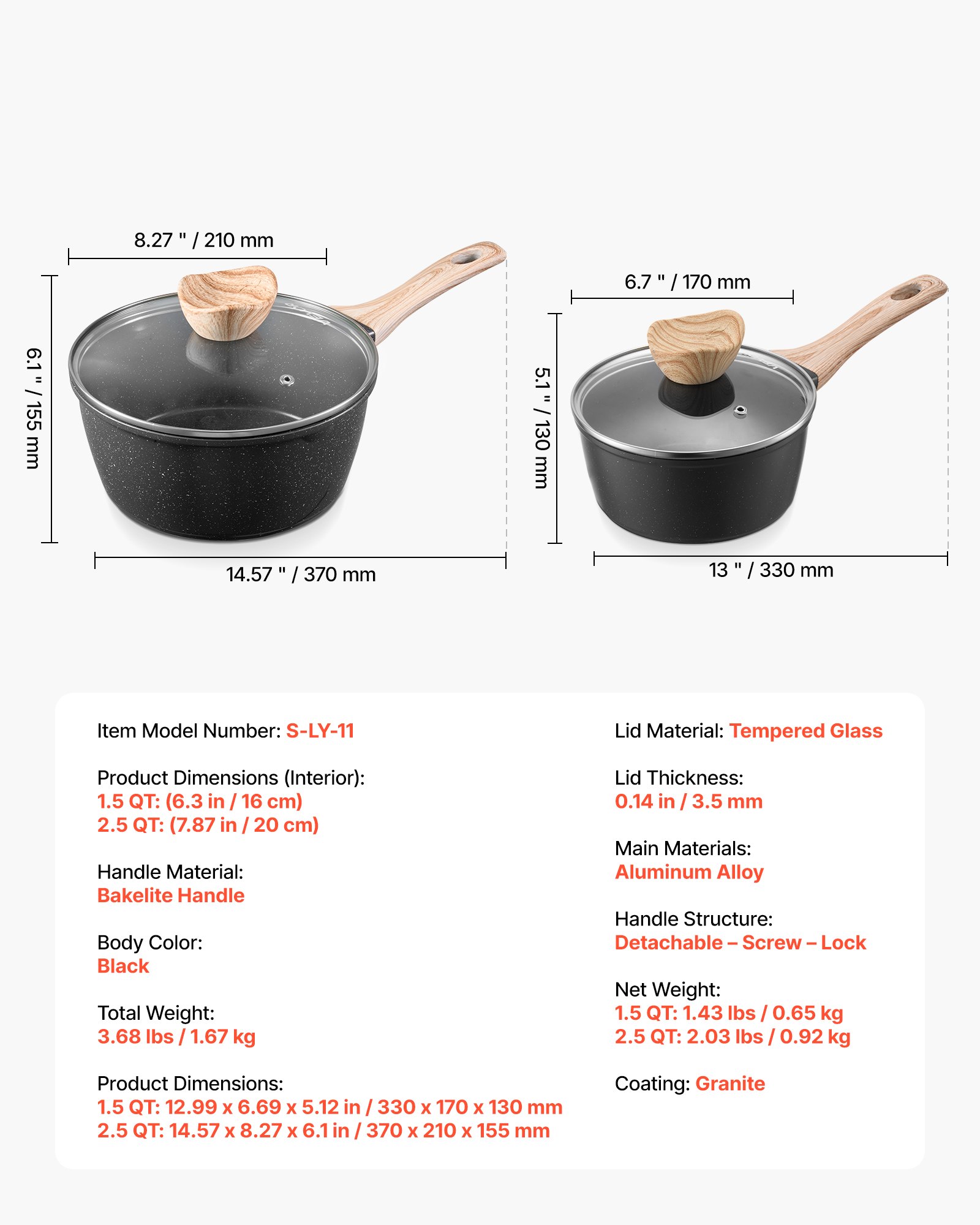 VEVOR Set di Pentole Antiaderenti con Coperchio in Vetro, 2 Pezzi 1,42 L e 2,37 L, Pentola per Zuppa con Manico Rimovibile, per Latte in Lega di Alluminio, Pentola per Verdure, Nero