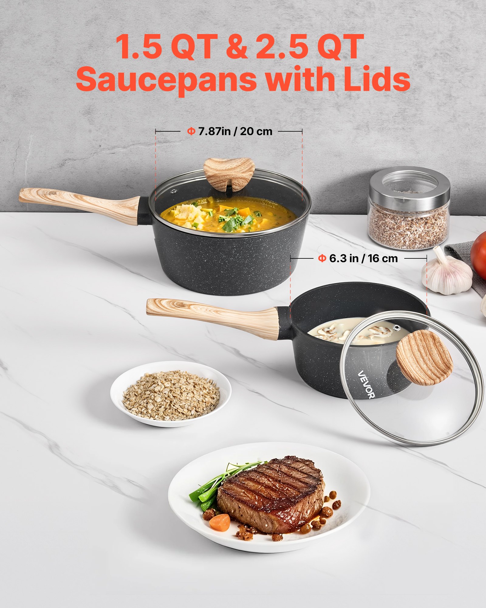 VEVOR Saucepan Set, 1.5 QT & 2.5 QT Nonstick Saucepan with Glass Lids, Multipurpose Cooking Sauce Pots with Detachable Handles, Sauce Pan Kitchen Cooking Pot with Coating, Induction Compatible, Black