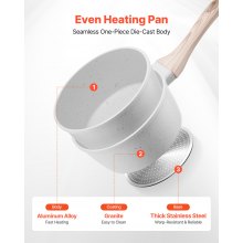 VEVOR Casseruola Antiaderente da 1,42 L con Coperchio in Vetro Temperato, Pentola per Zuppa Verdure Salsa con Manico Rimovibile, Casseruola in Lega di Alluminio, Bianca