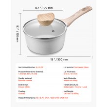 VEVOR Casseruola Antiaderente da 1,42 L con Coperchio in Vetro Temperato, Pentola per Zuppa Verdure Salsa con Manico Rimovibile, Casseruola in Lega di Alluminio, Bianca