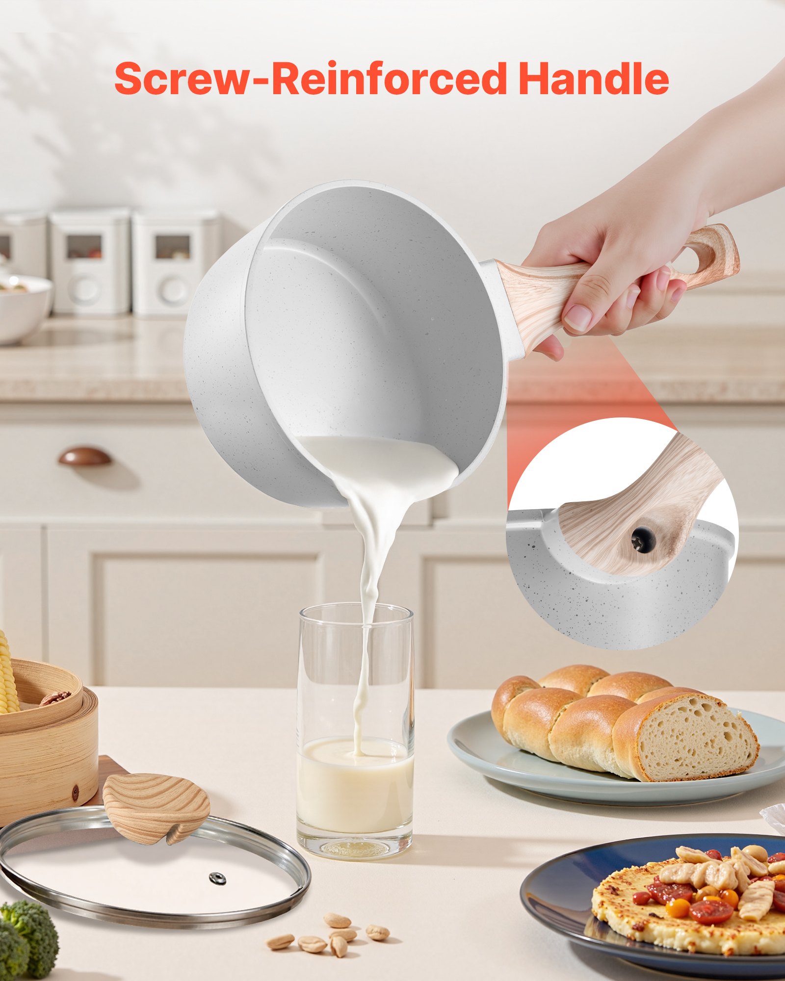 VEVOR 1.5 QT Saucepan, Nonstick Saucepan with Tempered Glass Lid, Multipurpose Cooking Sauce Pot with Detachable Handle, Sauce Pan Small Kitchen Cooking Pot with Coating, Induction Compatible, White