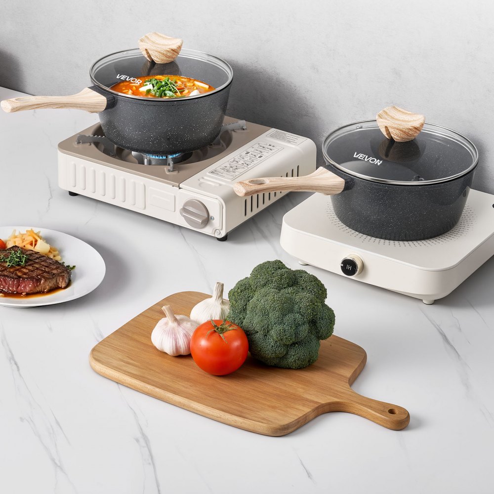 VEVOR Pentola Antiaderente, Grande Capacità 2,37 L con Coperchio in Vetro Temperato, Pentola per Zuppa e Verdure con Manico Rimovibile, per Latte e Verdure in Lega di Alluminio, Nera