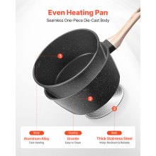 VEVOR Pentola Antiaderente, Grande Capacità 2,37 L con Coperchio in Vetro Temperato, Pentola per Zuppa e Verdure con Manico Rimovibile, per Latte e Verdure in Lega di Alluminio, Nera