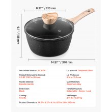 VEVOR Pentola Antiaderente, Grande Capacità 2,37 L con Coperchio in Vetro Temperato, Pentola per Zuppa e Verdure con Manico Rimovibile, per Latte e Verdure in Lega di Alluminio, Nera