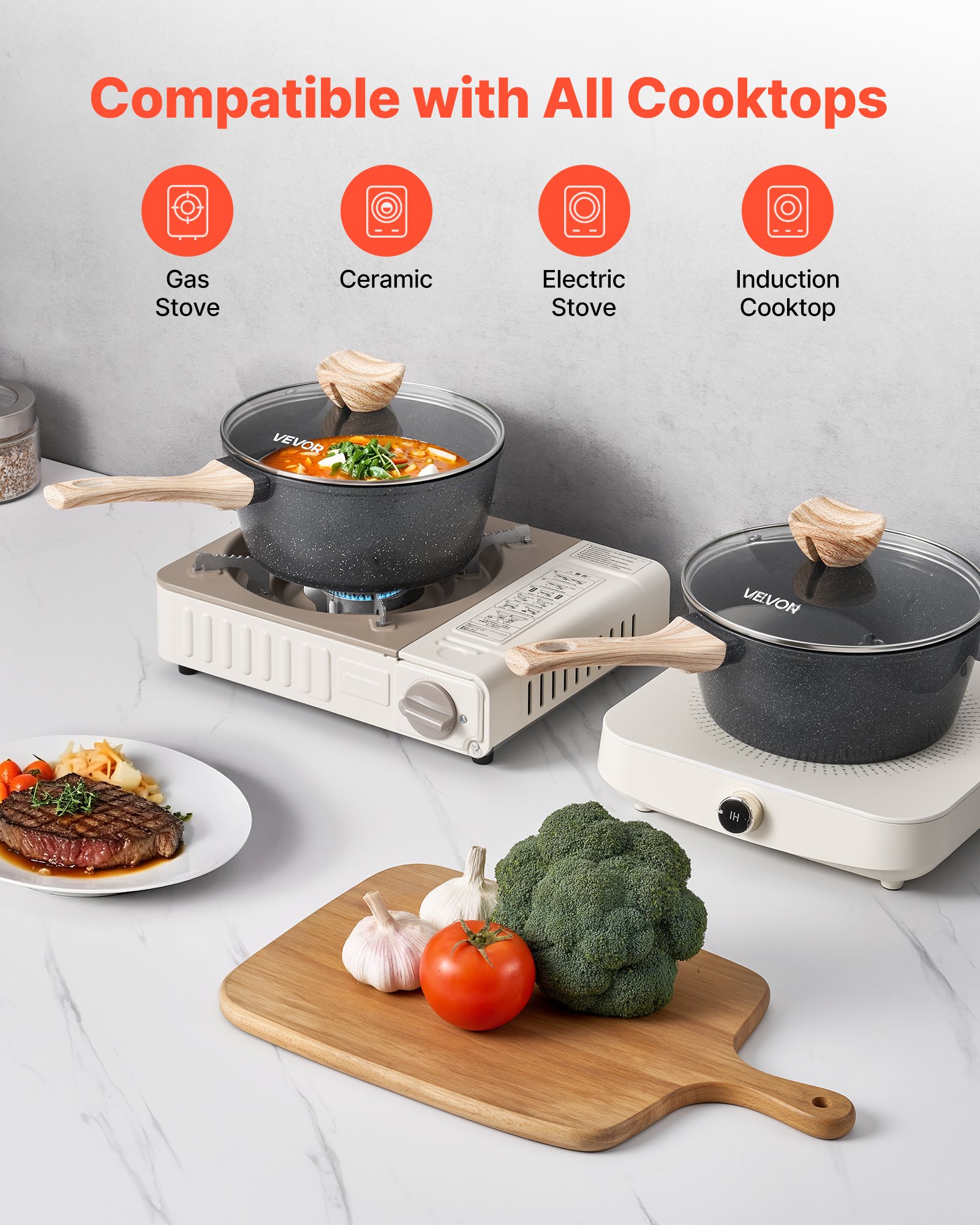 VEVOR Pentola Antiaderente, Grande Capacità 2,37 L con Coperchio in Vetro Temperato, Pentola per Zuppa e Verdure con Manico Rimovibile, per Latte e Verdure in Lega di Alluminio, Nera