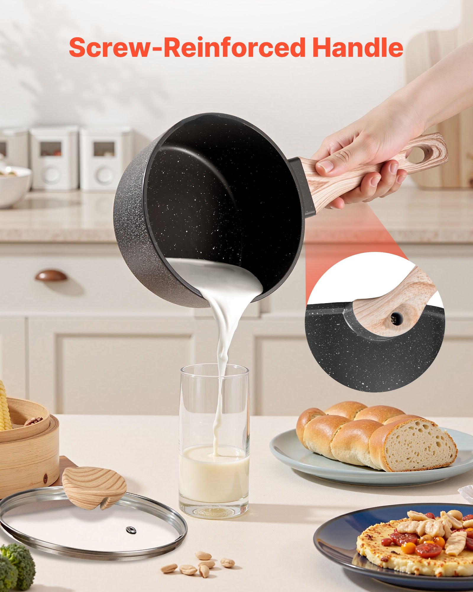 VEVOR Pentola Antiaderente, Grande Capacità 2,37 L con Coperchio in Vetro Temperato, Pentola per Zuppa e Verdure con Manico Rimovibile, per Latte e Verdure in Lega di Alluminio, Nera