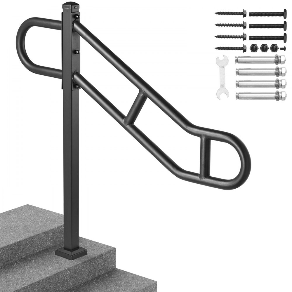 corrimano per scale VEVOR nero installato sui gradini con viti, bulloni e chiave inglese.