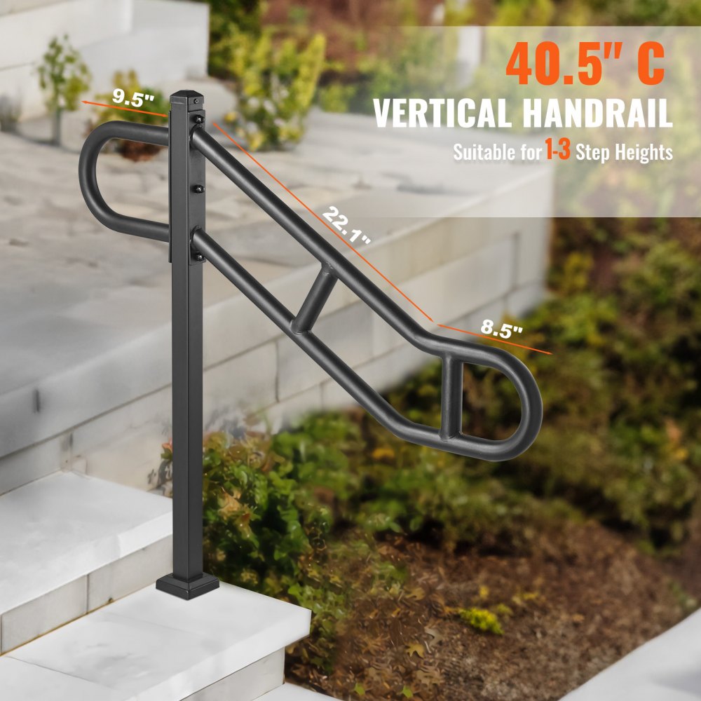 VEVOR Corrimano Singolo per Esterni 1029 mm x 900 mm Corrimano per Scale Piegato in Metallo 1 a 3 Gradini, Ringhiera per Scale in Acciaio al Carbonio, 2 Barre Trasversali Antiscivolo per Garage
