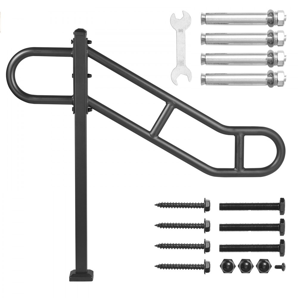 VEVOR Corrimano Singolo per Esterni 1029 mm x 900 mm Corrimano per Scale Piegato in Metallo 1 a 3 Gradini, Ringhiera per Scale in Acciaio al Carbonio, 2 Barre Trasversali Antiscivolo per Garage