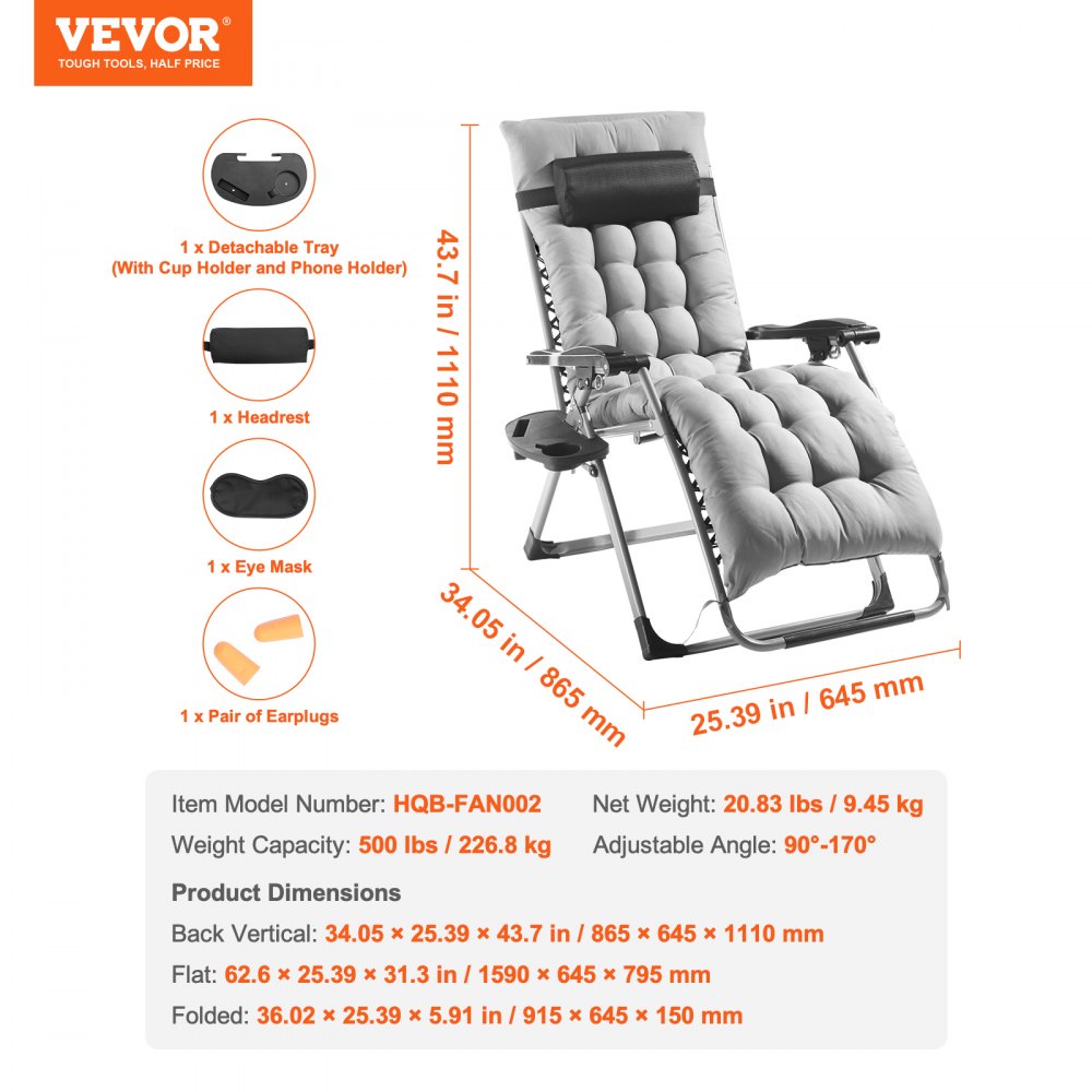 VEVOR Zero Gravity Chair, 26-inch Zero Gravity Recliner for Indoor and Outdoor Use, Adjustable Anti-Gravity Chair with Cushion, Headrest, Footrest and Cup Holder, 500 lbs, Gray