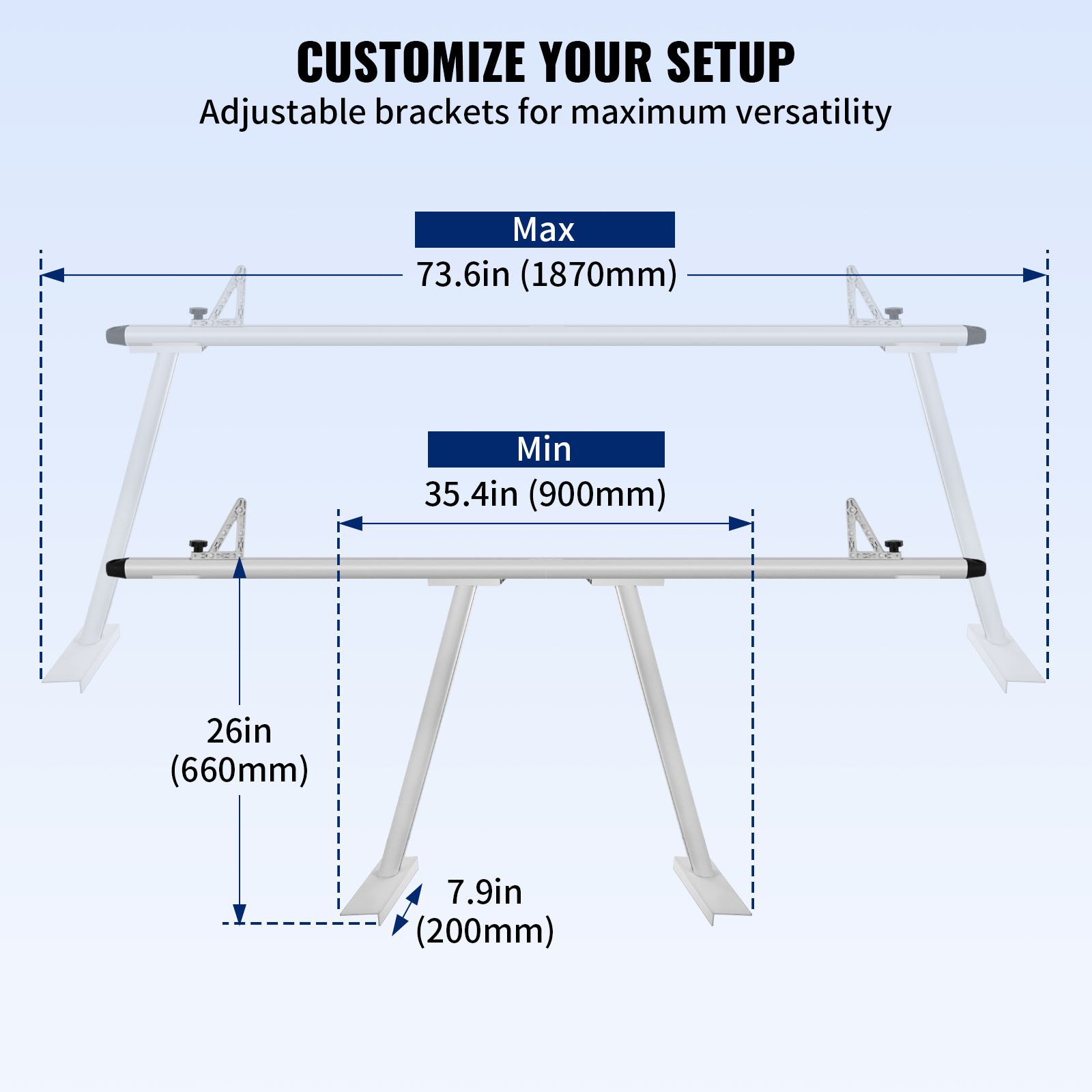 VEVOR Rastrelliera per Camion in Alluminio Regolabile per Kayak Carico 362,9 kg, Rastrelliera per Kayak da Camion 180 x 71 x 20 cm, Scaffalatura per Camion a Quattro Montanti Larghezza 900 - 1870 mm