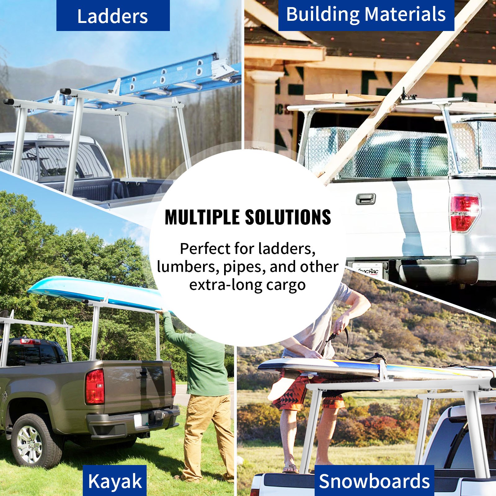 VEVOR Rastrelliera per Camion in Alluminio Regolabile per Kayak Carico 362,9 kg, Rastrelliera per Kayak da Camion 180 x 71 x 20 cm, Scaffalatura per Camion a Quattro Montanti Larghezza 900 - 1870 mm