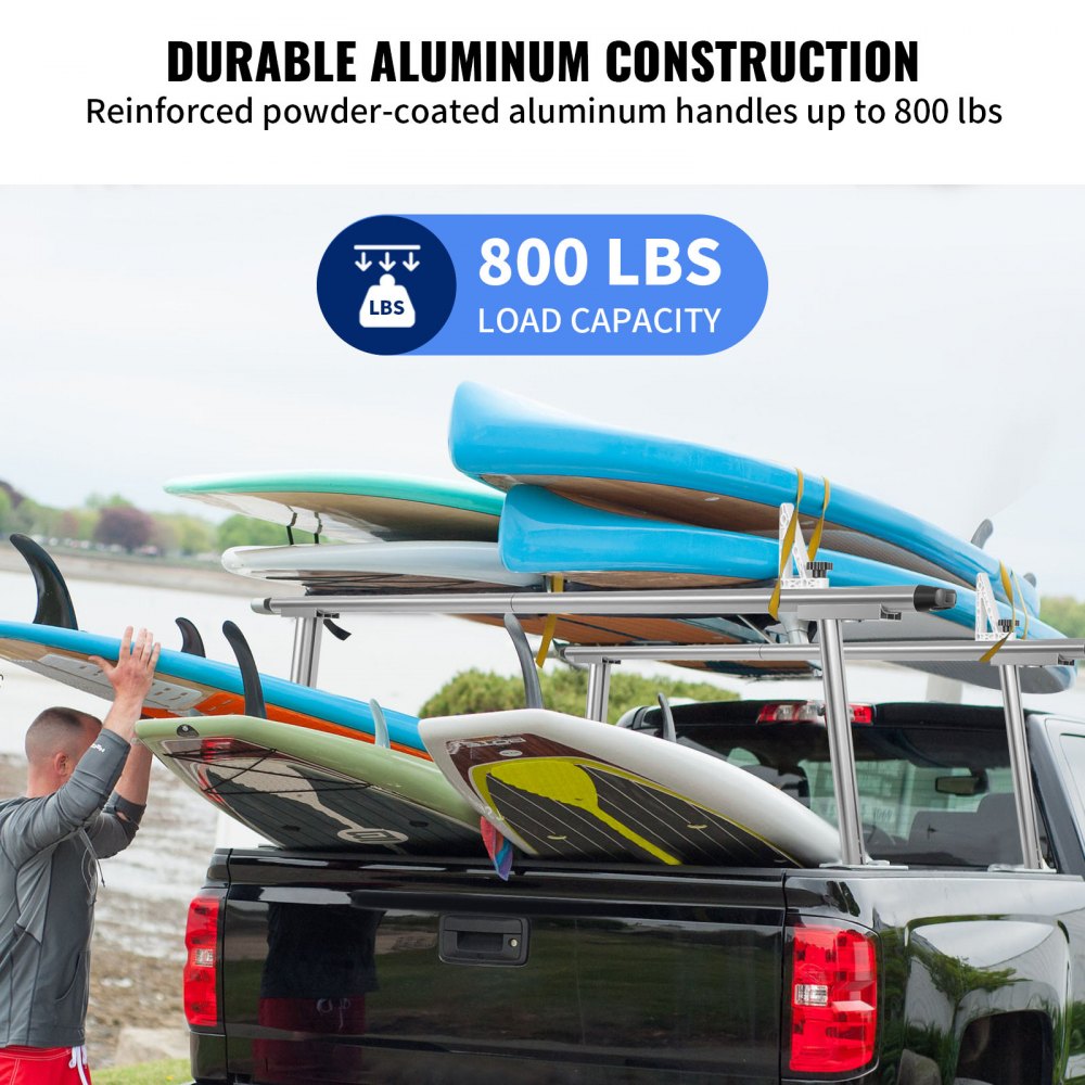 VEVOR Rastrelliera per Camion in Alluminio Regolabile per Kayak Carico 362,9 kg, Rastrelliera per Kayak da Camion 180 x 71 x 20 cm, Scaffalatura per Camion a Quattro Montanti Larghezza 900 - 1870 mm