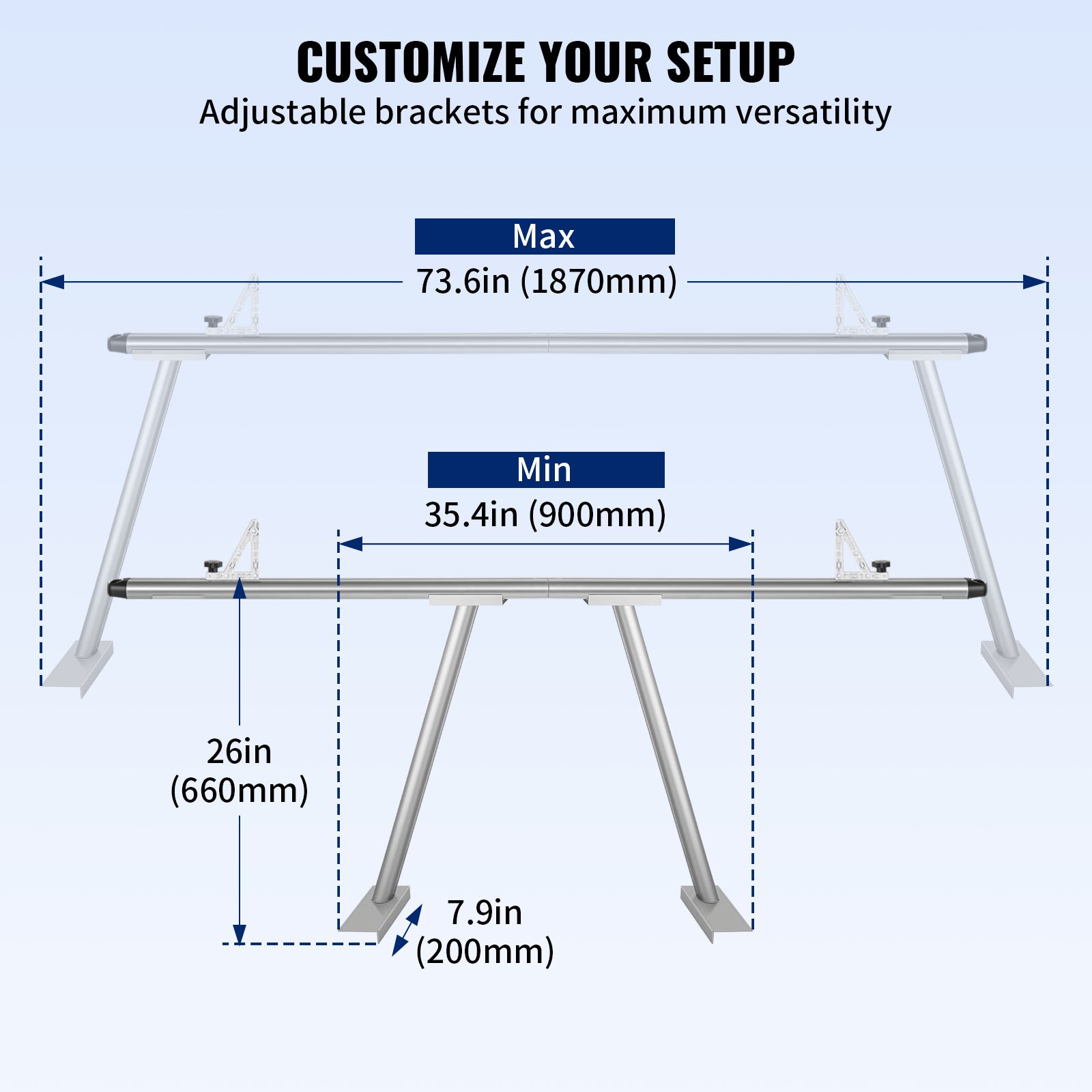 VEVOR Rastrelliera per Camion in Alluminio Regolabile per Kayak Carico 362,9 kg, Rastrelliera per Kayak da Camion 180 x 71 x 20 cm, Scaffalatura per Camion a Quattro Montanti Larghezza 900 - 1870 mm