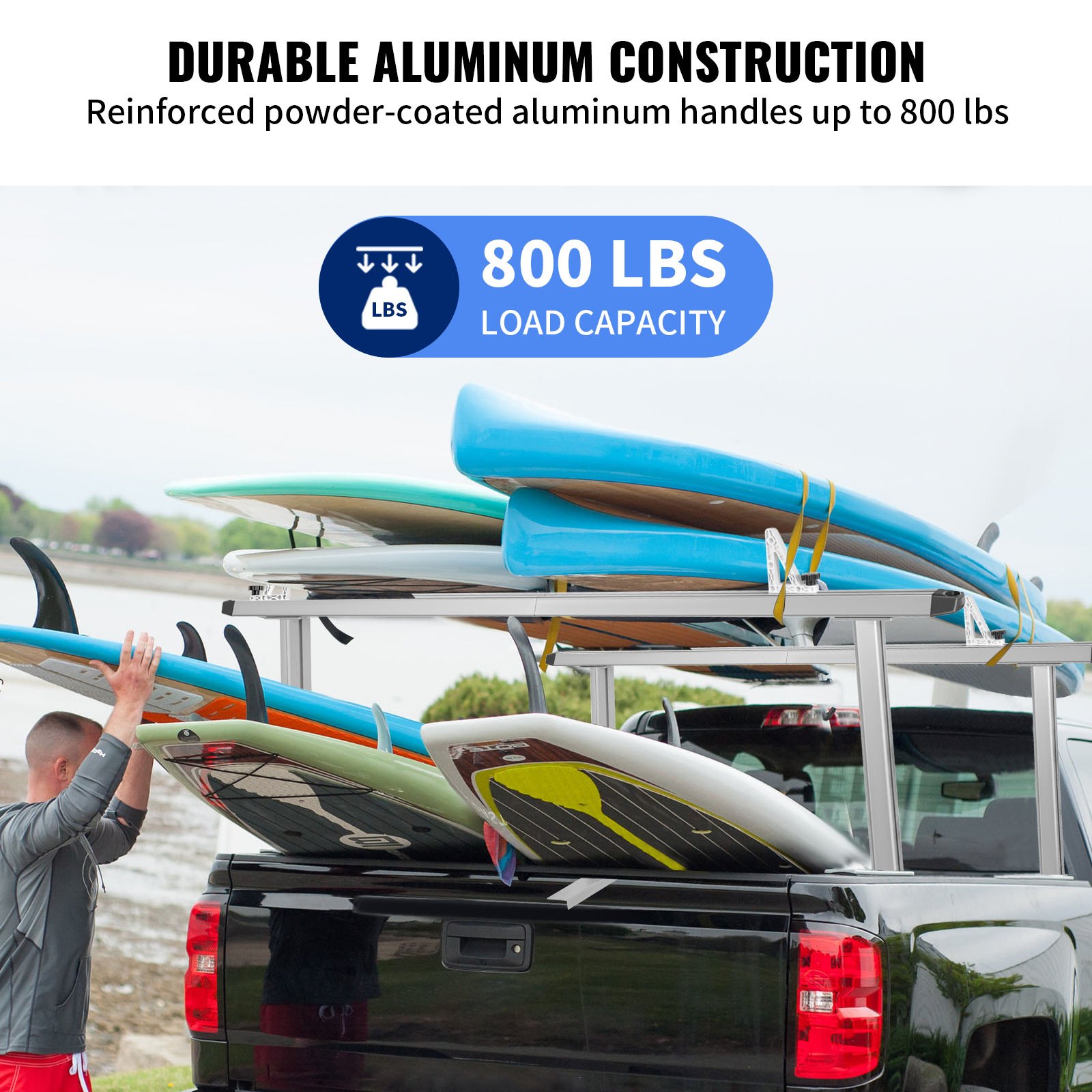 VEVOR Rastrelliera per Camion in Alluminio Regolabile per Kayak Carico 362,9 kg, Rastrelliera per Kayak da Camion 180 x 71 x 20 cm, Scaffalatura per Camion a Quattro Montanti Larghezza 600 - 1650 mm