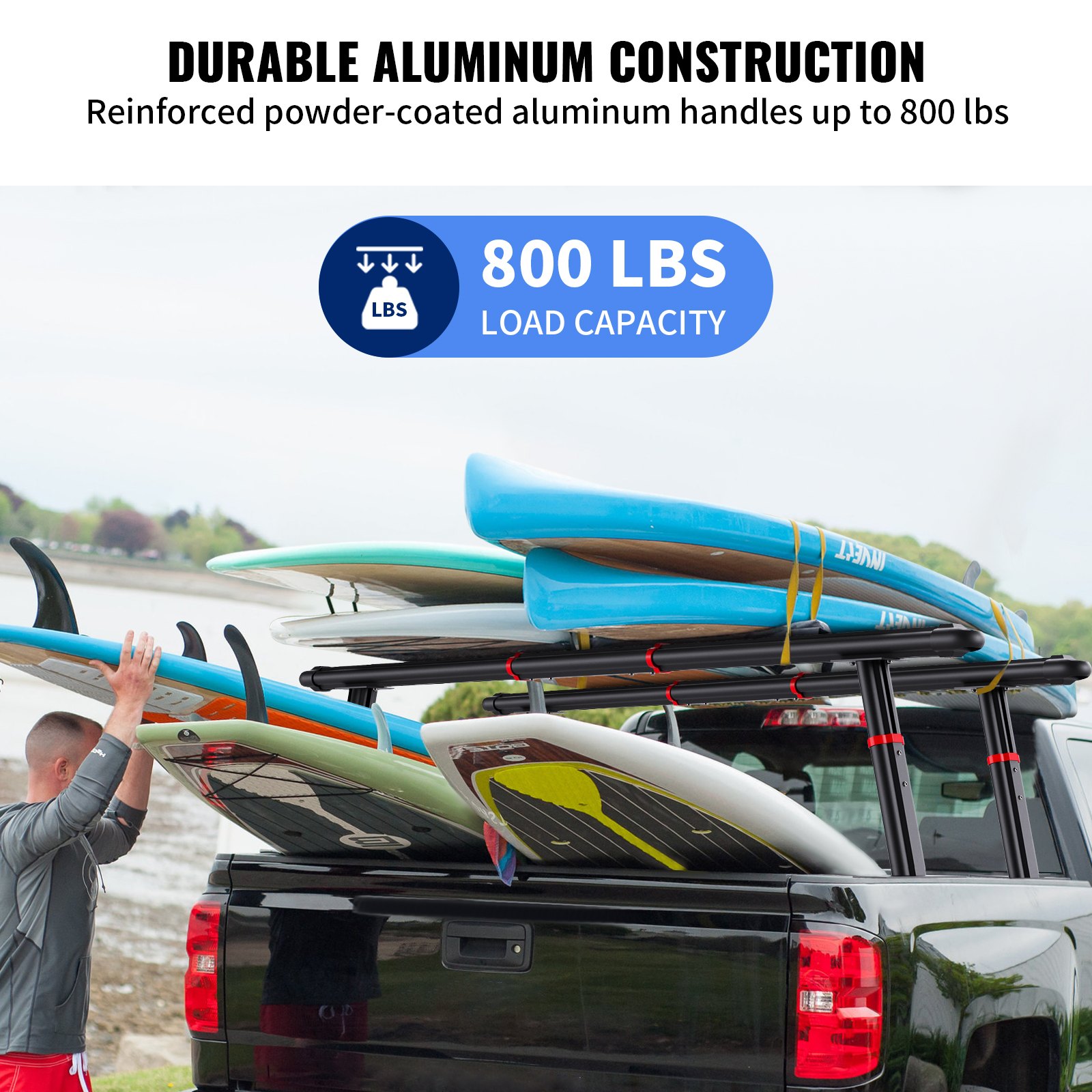 VEVOR Rastrelliera per Camion in Alluminio Regolabile per Kayak Carico 362,9 kg, Rastrelliera per Kayak da Camion 180 x 36 x 20 cm, Scaffalatura per Camion a Quattro Montanti Larghezza 600 - 1600 mm