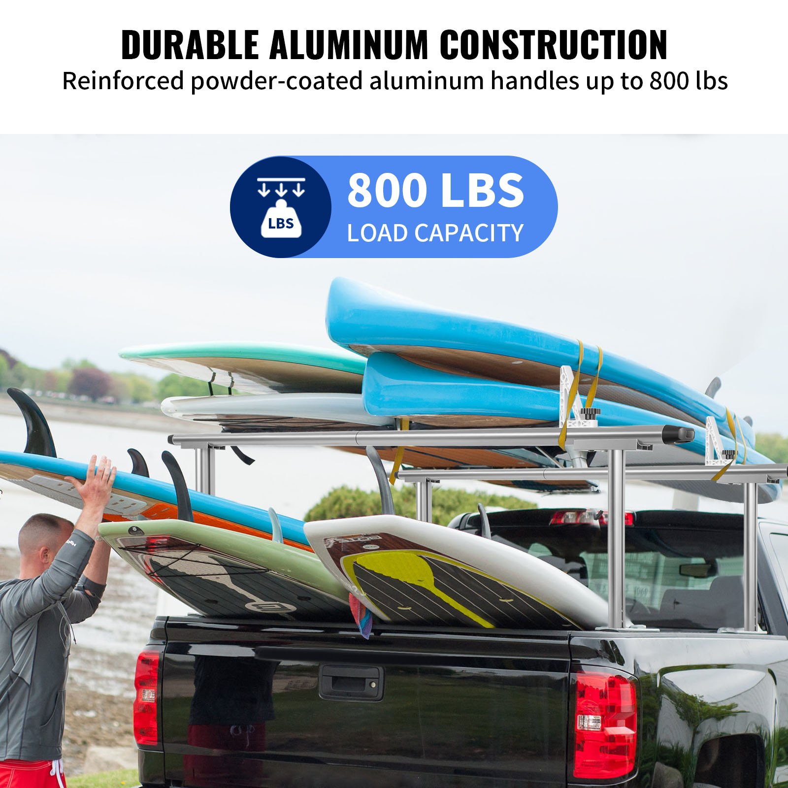 VEVOR Rastrelliera per Camion in Alluminio Regolabile per Kayak Carico 362,9 kg, Rastrelliera per Kayak da Camion 180 x 66 x 20 cm, Scaffalatura per Camion a Quattro Montanti Larghezza 430 - 1560 mm