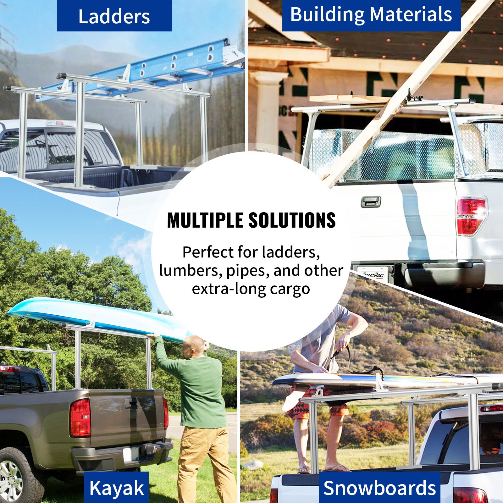 VEVOR Rastrelliera per Camion in Alluminio Regolabile per Kayak Carico 362,9 kg, Rastrelliera per Kayak da Camion 180 x 66 x 20 cm, Scaffalatura per Camion a Quattro Montanti Larghezza 430 - 1560 mm