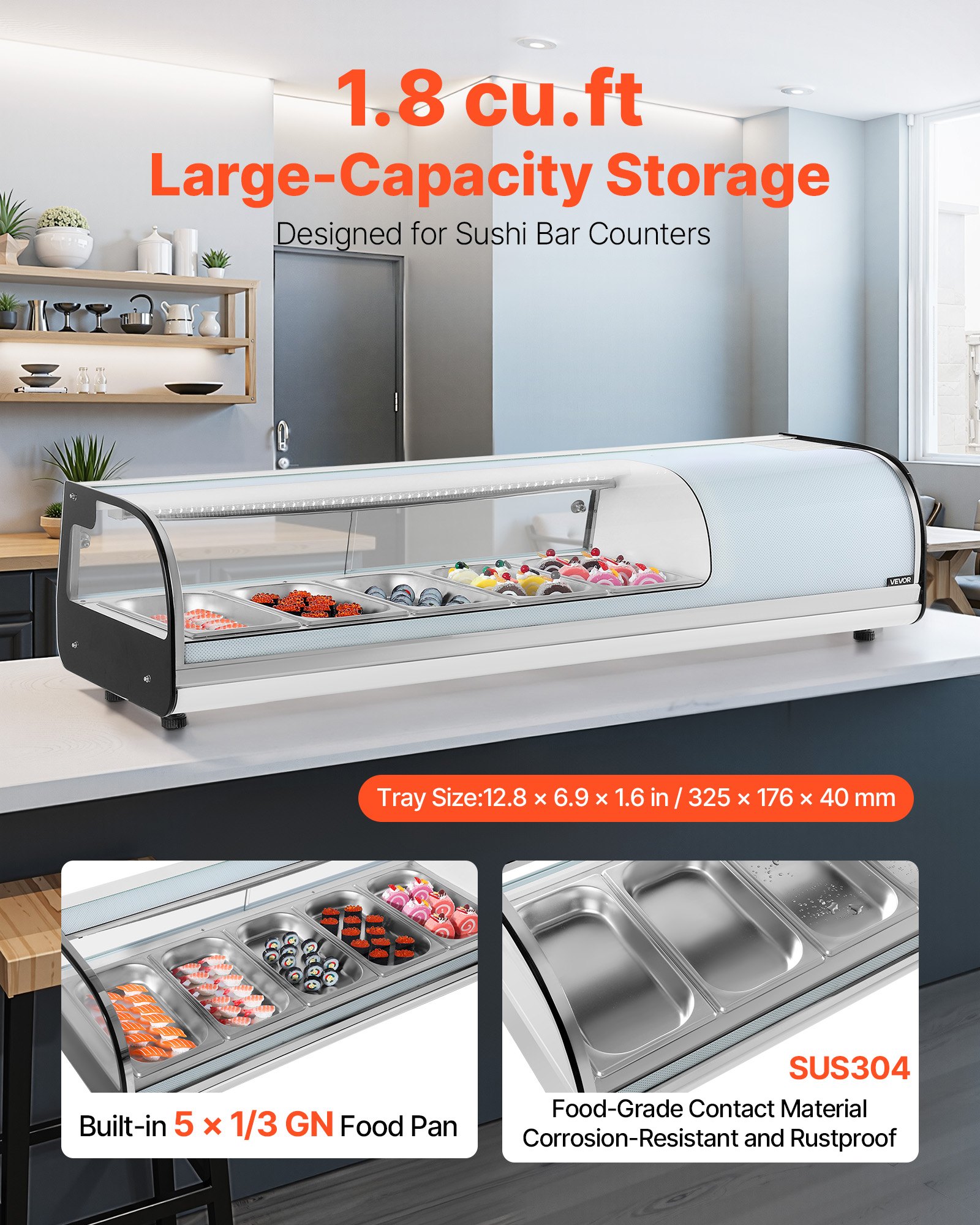 VEVOR Vetrina Refrigerata per Sushi Commerciale da 52 L, 5 Teglie con Vetro Curvo, Illuminazione a LED e Controllo Digitale della Temperatura, Frigorifero per Bancone Ristorante Negozio