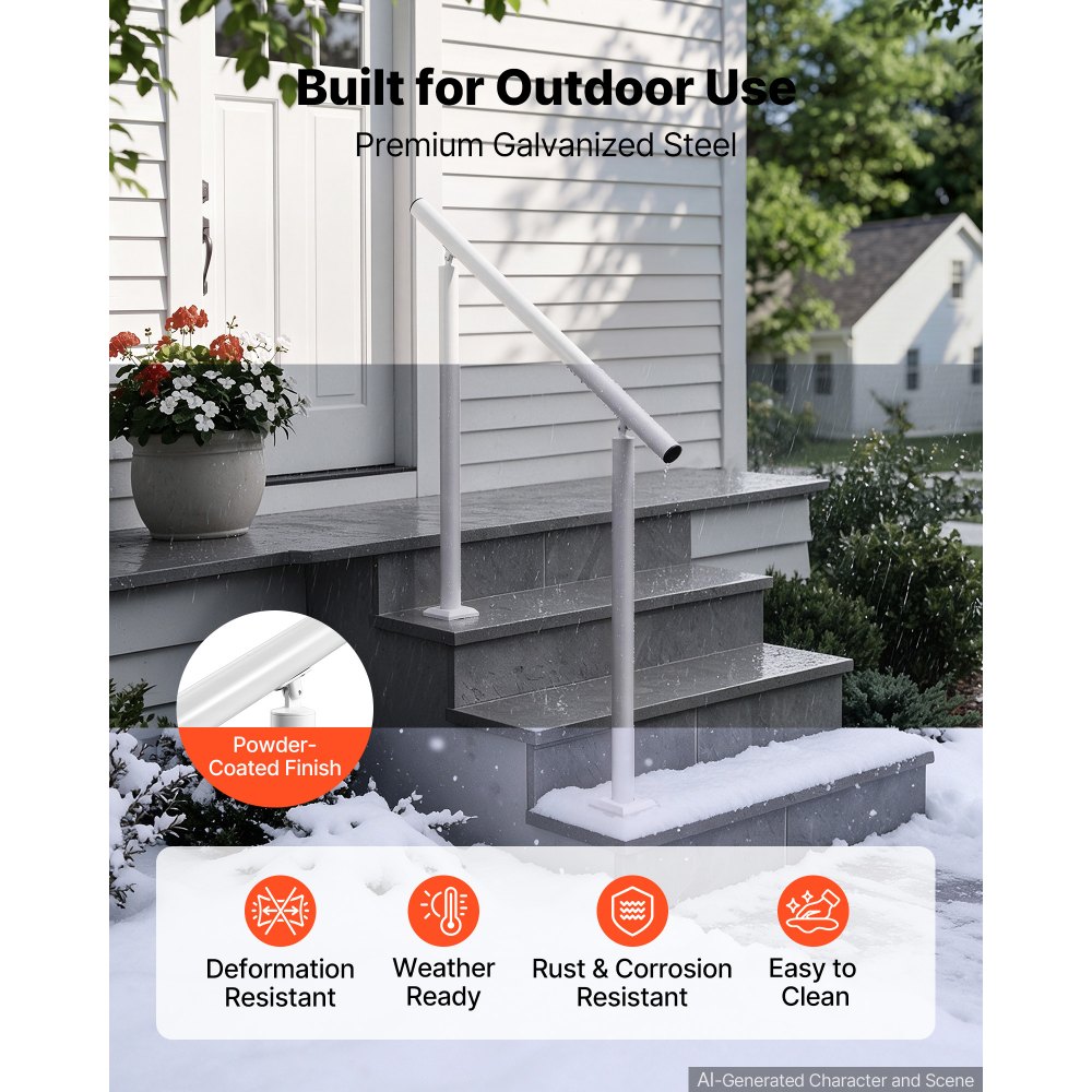 VEVOR Corrimano per Scale Esterne 2-3 Gradini, in Alluminio Bianco Durevole Corrimano con Tubo Tondo, Robusto e Resistente, Copertura Decorativa e Kit di Installazione, per Anziani, Portico e Terrazza
