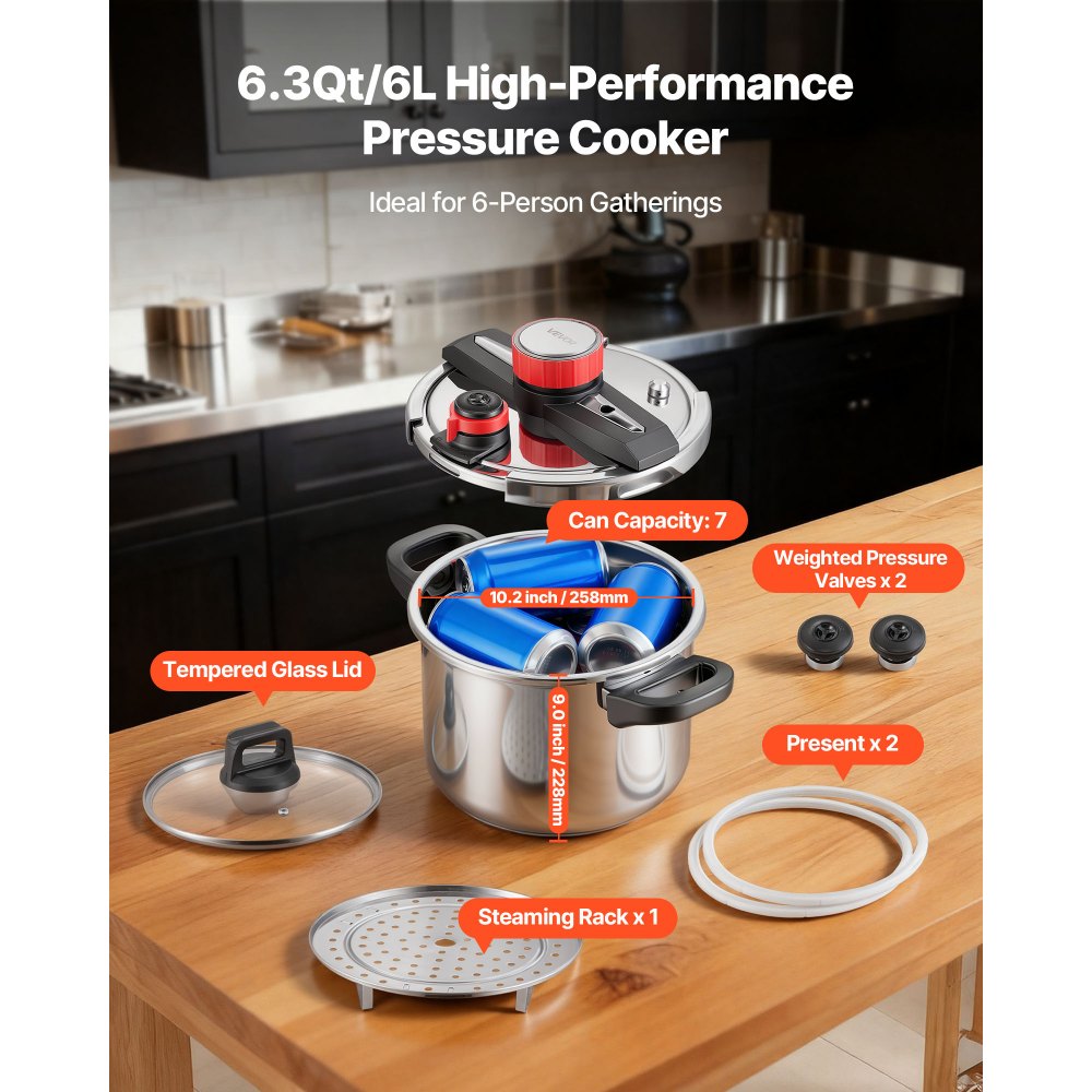 VEVOR Pentola a Pressione da Fornello da 6 Litri in Acciaio Inossidabile, con Griglia per la Cottura a Vapore, Coperchio in Vetro Temperato, Tre Impostazioni di Pressione per Carne, Fagioli, Riso