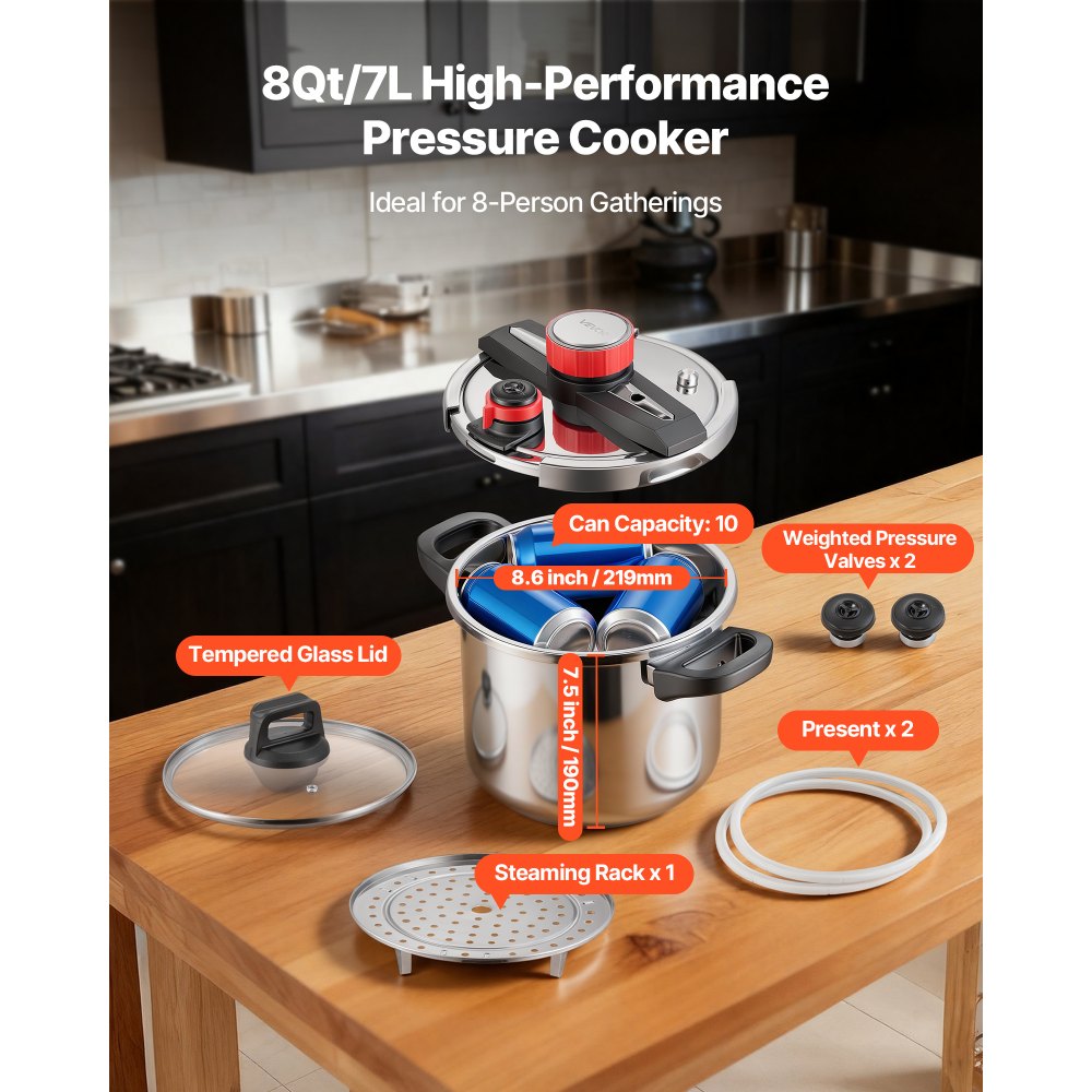 VEVOR Pentola a Pressione da Fornello da 7 Litri in Acciaio Inossidabile, con Griglia per la Cottura a Vapore, Coperchio in Vetro Temperato, Tre Impostazioni di Pressione per Carne, Fagioli, Riso