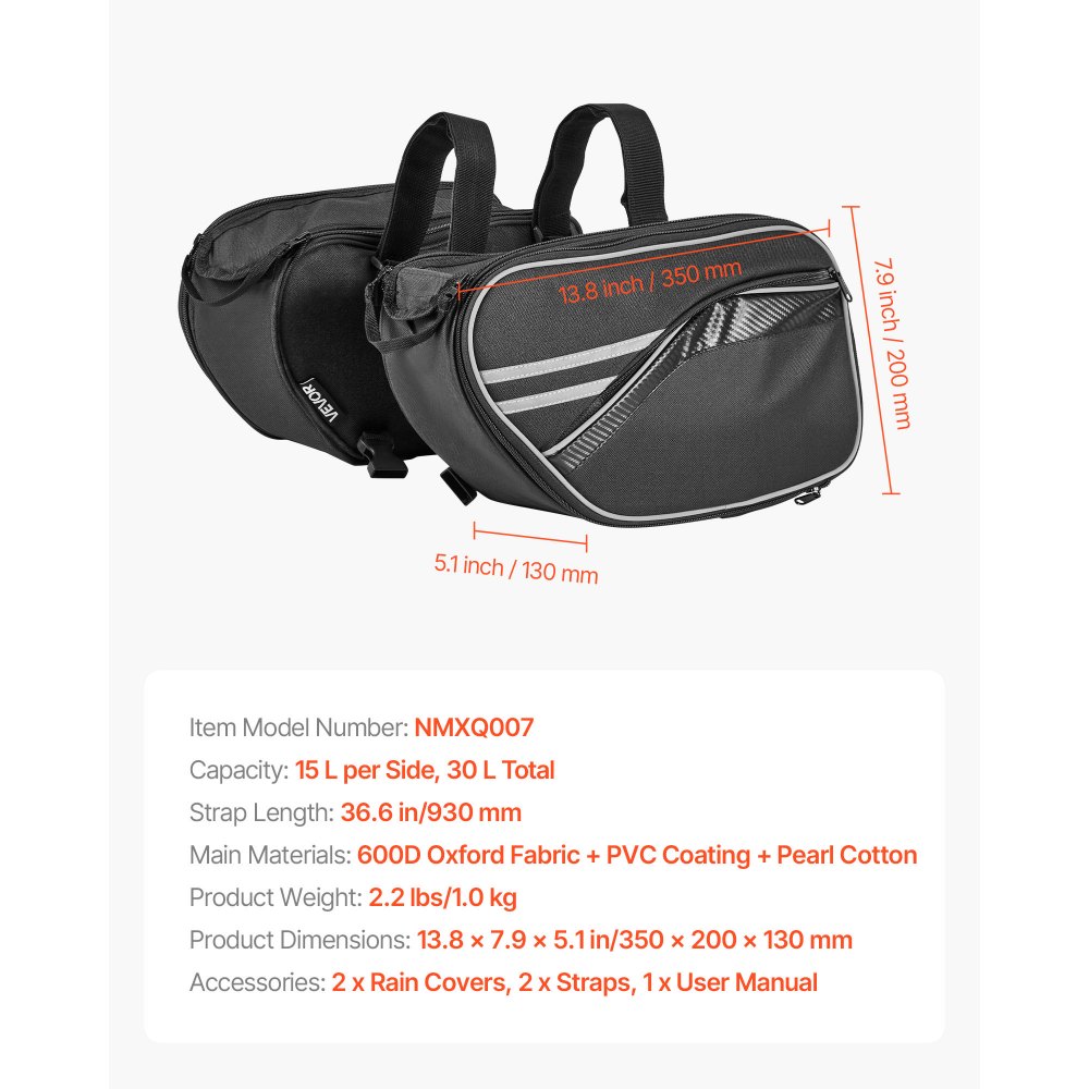 VEVOR Borsa da Sella Laterale per Moto, 30 L con Copertura Impermeabile e Cinghie, Compatibile con Maggior Parte delle Motociclette, Borsa Portabagagli per Moto Sportive all'Aperto, Nero