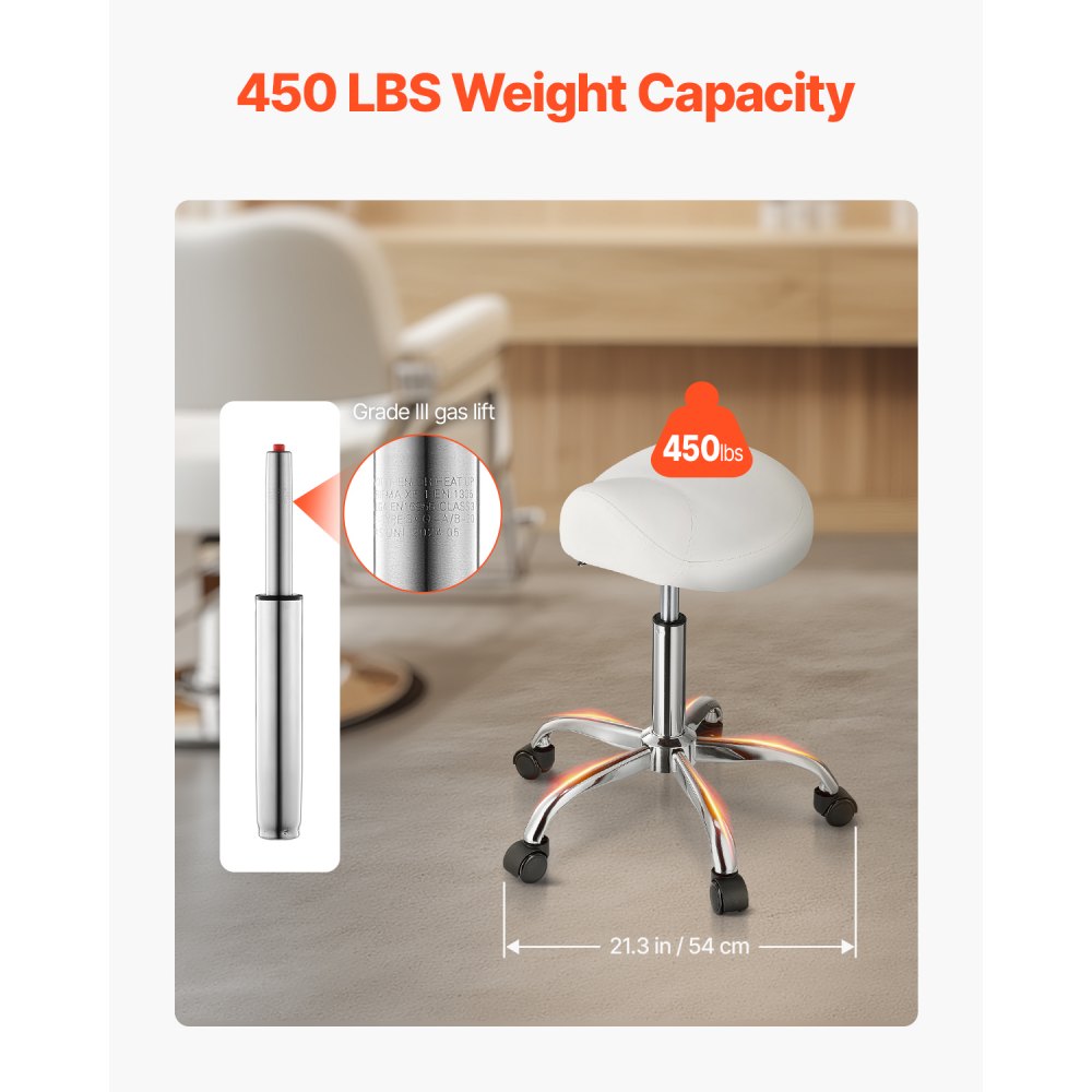 VEVOR Sgabello da Sella con Ruote, Capacità di Peso di 204 kg, Sgabello Ergonomico Girevole in Pelle PU Ispessita Regolabile in Altezza per Salone, Massaggi, Clinica, Bianco Peso 4,7 kg