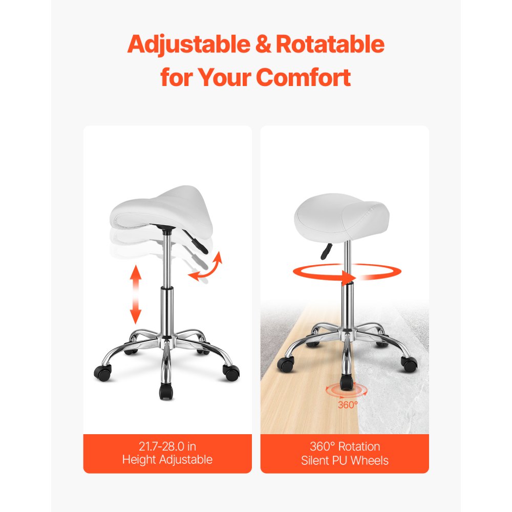 VEVOR Sgabello da Sella con Ruote, Capacità di Peso di 204 kg, Sgabello Ergonomico Girevole in Pelle PU Ispessita Regolabile in Altezza per Salone, Massaggi, Clinica, Bianco Peso 4,7 kg