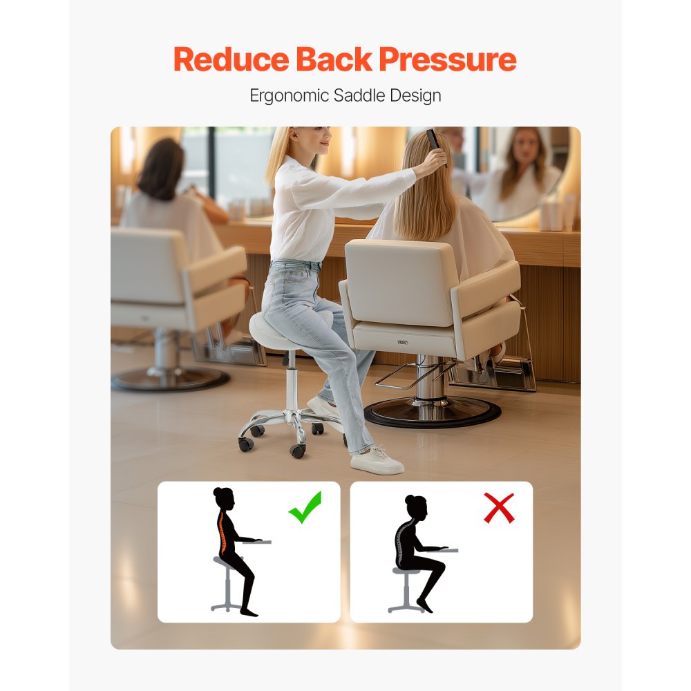 VEVOR Sgabello da Sella con Ruote, Capacità di Peso di 204 kg, Sgabello Ergonomico Girevole in Pelle PU Ispessita Regolabile in Altezza per Salone, Massaggi, Clinica, Bianco Peso 4,7 kg
