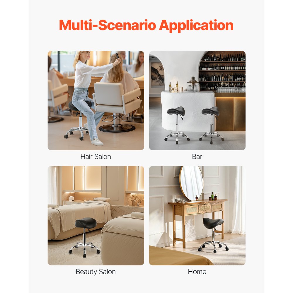 VEVOR Sgabello a Sella con Ruote, Portata 204 kg Sgabello Ergonomico con Rotelle, Sedia a Sella Girevole in Pelle PU Ispessita, Regolabile in Altezza, per Salone Spa Massaggio Clinica, Nero