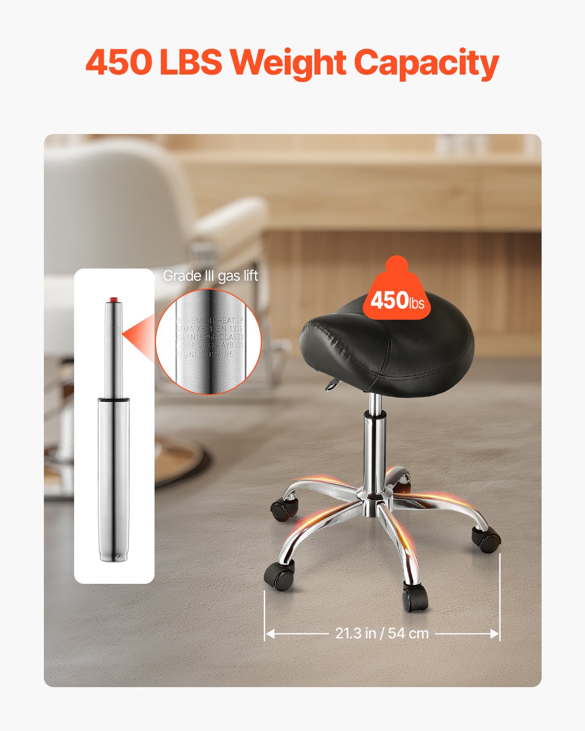 VEVOR Sgabello a Sella con Ruote, Portata 204 kg Sgabello Ergonomico con Rotelle, Sedia a Sella Girevole in Pelle PU Ispessita, Regolabile in Altezza, per Salone Spa Massaggio Clinica, Nero
