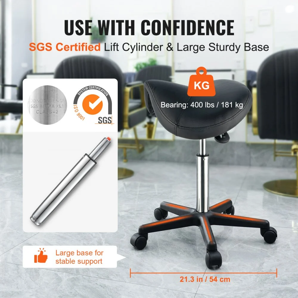 VEVOR Sgabello a Sella Altezza Regolabile 510-710mm Senza Schiena Capacità Carico Max. 181kg per Ufficio Salone Studio Parruccheria, Sedia a Rotella da Lavoro Girevole 540 x 540 x 510 mm per Ufficio
