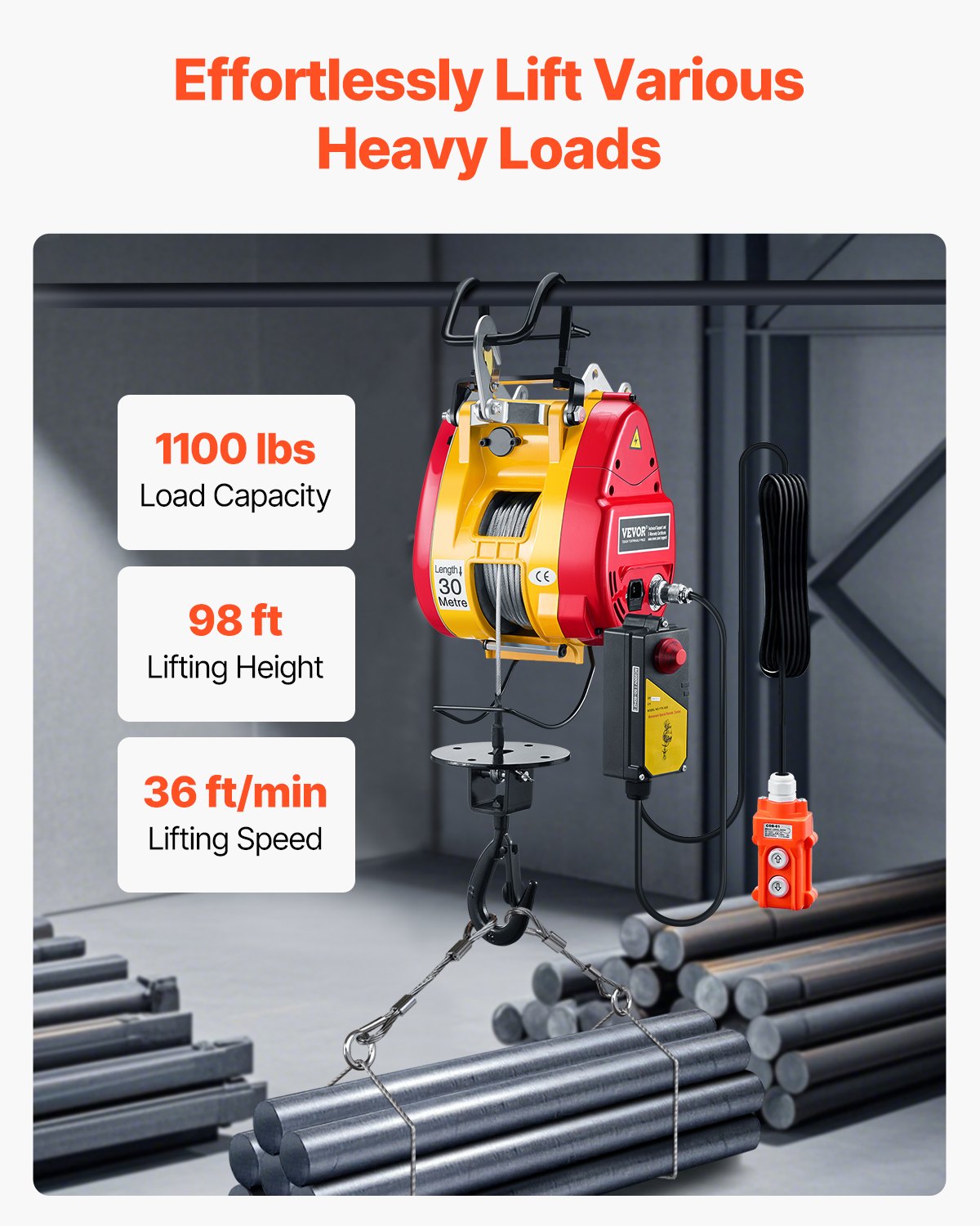 VEVOR Verricello Elettrico, Capacità 500 kg, Verricello Elettrico Portatile 1800 W, Altezza di Sollevamento 30 m, 11 m/min con Telecomando a Filo e Wireless, per Garage Fabbrica Sollevamento Traino