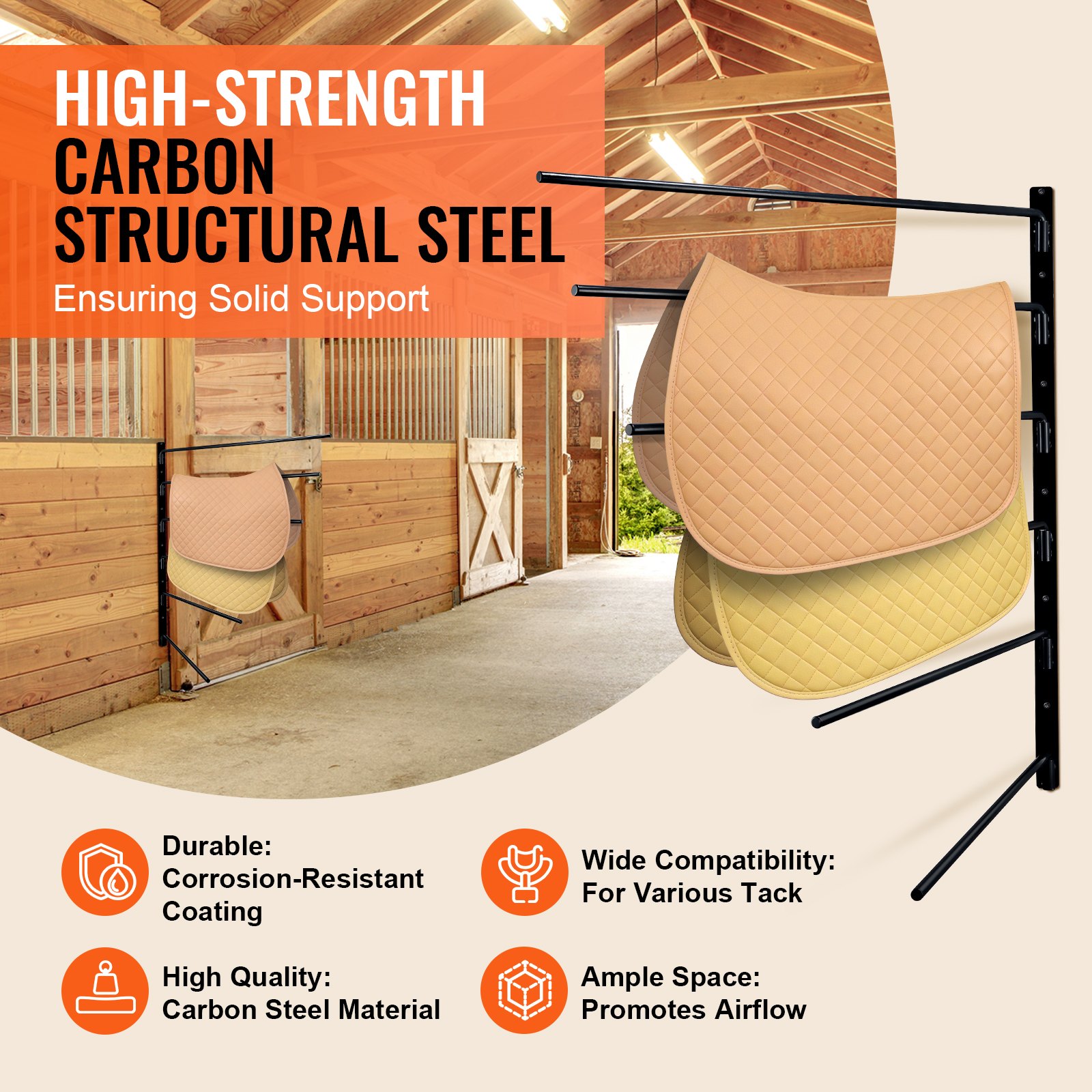 VEVOR Supporto per Sella da Parete, Supporto per Sella Oscillante, Supporto per Sella per Cavallo a 6 livelli, Supporto per Tappetino e Coperta per l'Organizzazione della Selleria 762 x 762 x 1739 mm