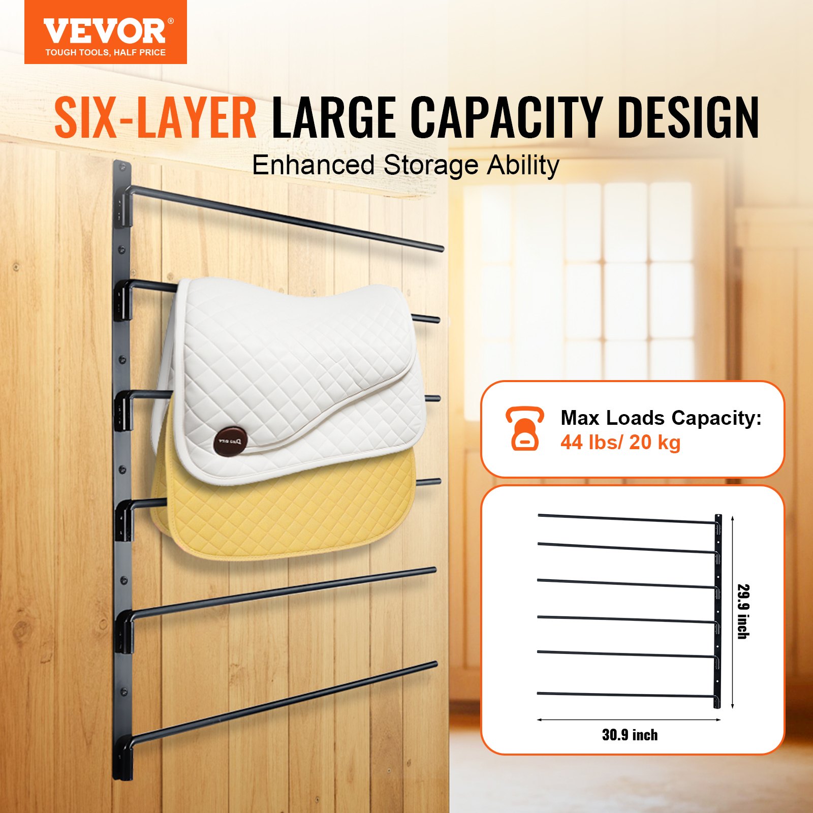 VEVOR Wall-Mounted Saddle Rack, Swivel Saddle Stand with 6 Tiers, Space-Saving Stand for Horse Pads and Blankets for Organizing the Tack Room, Stable Supplies Trailer Accessories
