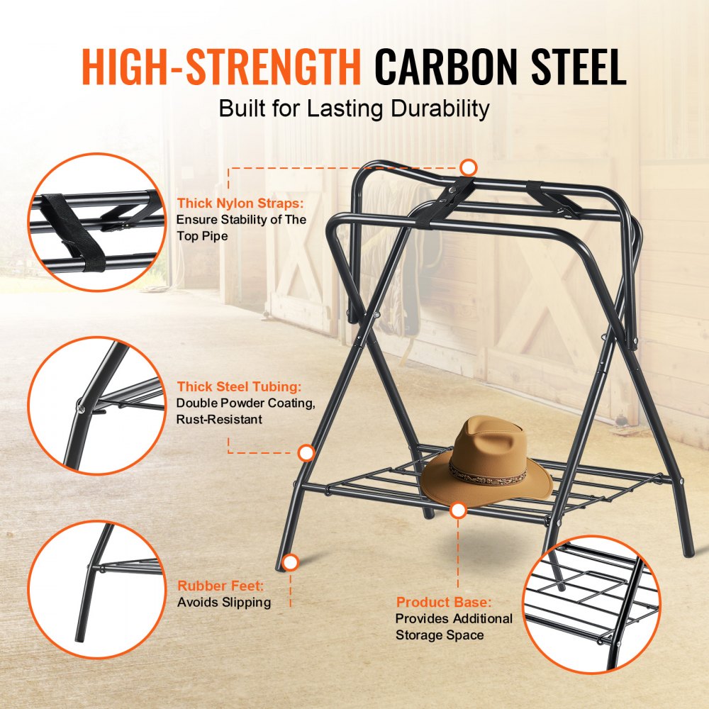 VEVOR Supporto per Sella Pieghevole, Supporto per Sella per Cavallo Indipendente in Acciaio, Supporto per Coperta per Selle Inglesi e Western, Portaoggetti per Finimenti, Nero 711 x 482 x 952 mm