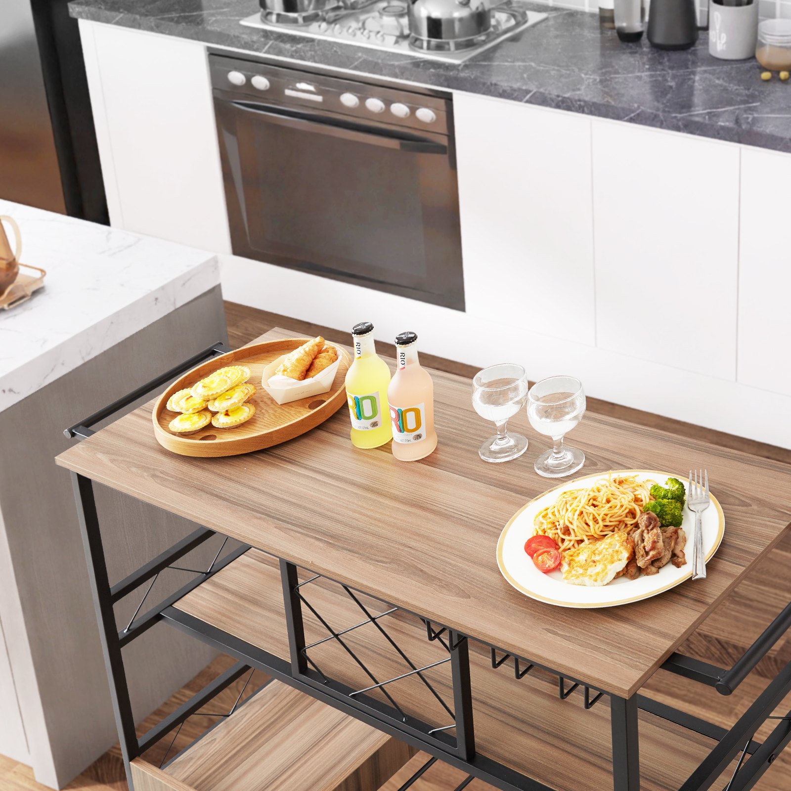 VEVOR Carrello di Servizio da Bar 3 Ripiani in Pannello MDF Melaminico Capacità Massima da 136kg, Carrello Portaoggetti Portabottiglie in Acciaio 117 x 40 x 91,5 cm Materiale di Pannello MDF Acciaio