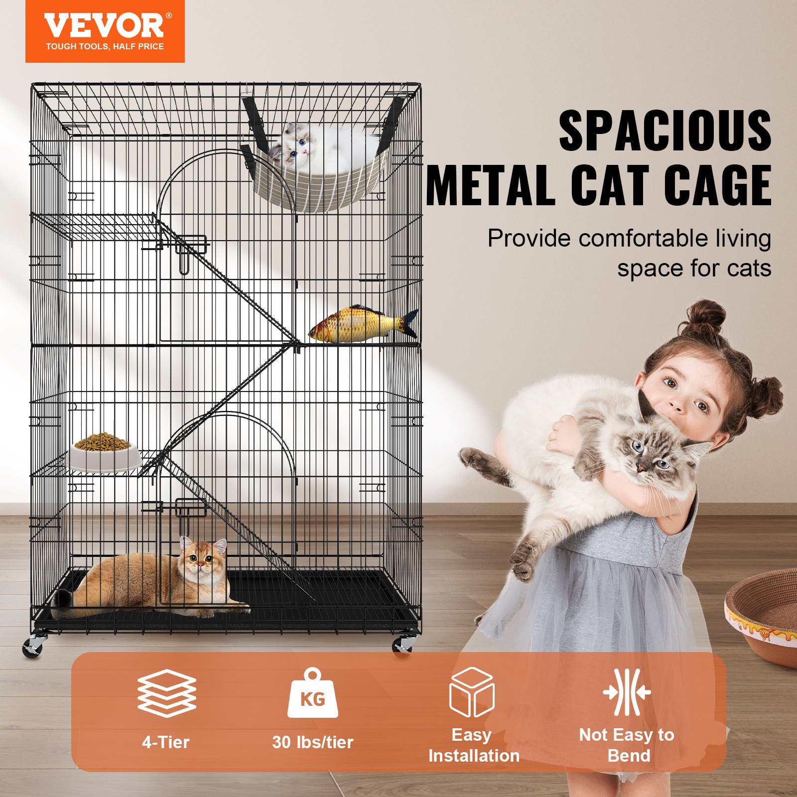 VEVOR Gabbia per Gatti Cuccioli Animali Domestici in Metallo 4 Ripiani 2 Porte da Interno Capienza Ripiano 14kg, Gabbia Grande a 4 Ripiani per Animali 90 x 60 x 133 cm, Gabbia 4 Livelli per Gatti