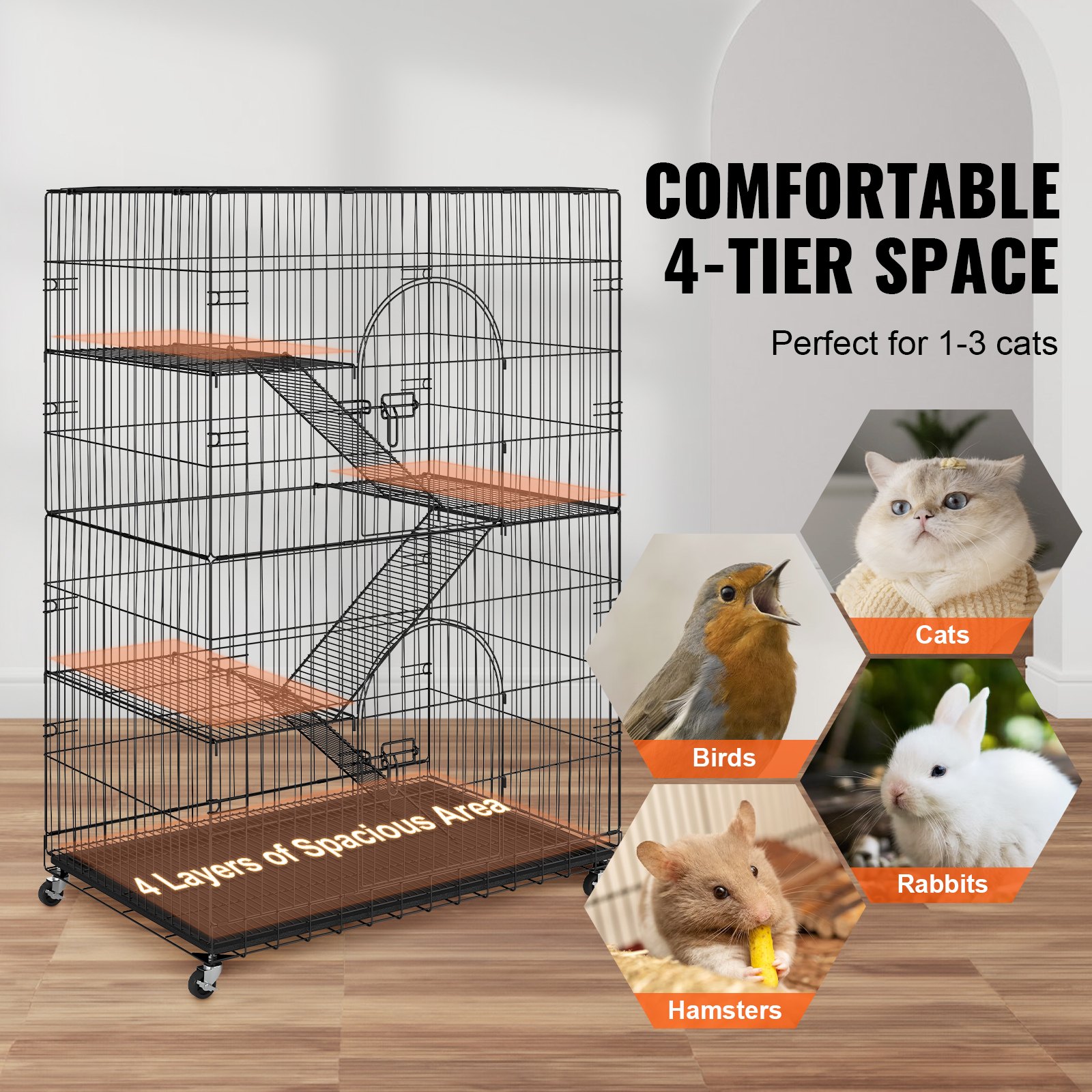 VEVOR Gabbia per Gatti Cuccioli Animali Domestici in Metallo 4 Ripiani 2 Porte da Interno Capienza Ripiano 14kg, Gabbia Grande a 4 Ripiani per Animali 90 x 60 x 133 cm, Gabbia 4 Livelli per Gatti